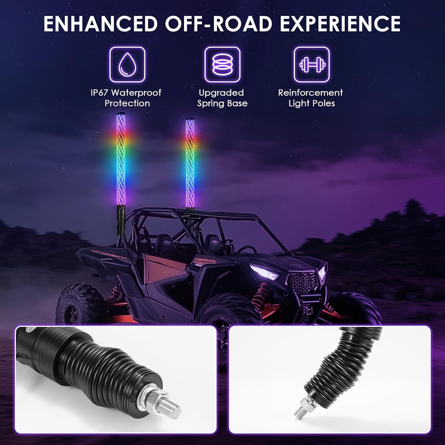 2PCS 2FT Fat Whip Lights with Spring Base, LED Fat Whip Light with App & Remote Control, Brighter Spiral Chasing Lighted Antenna Whips for UTV ATV RZR SXS Can-Am Dune Buggy Offroad Truck image 5