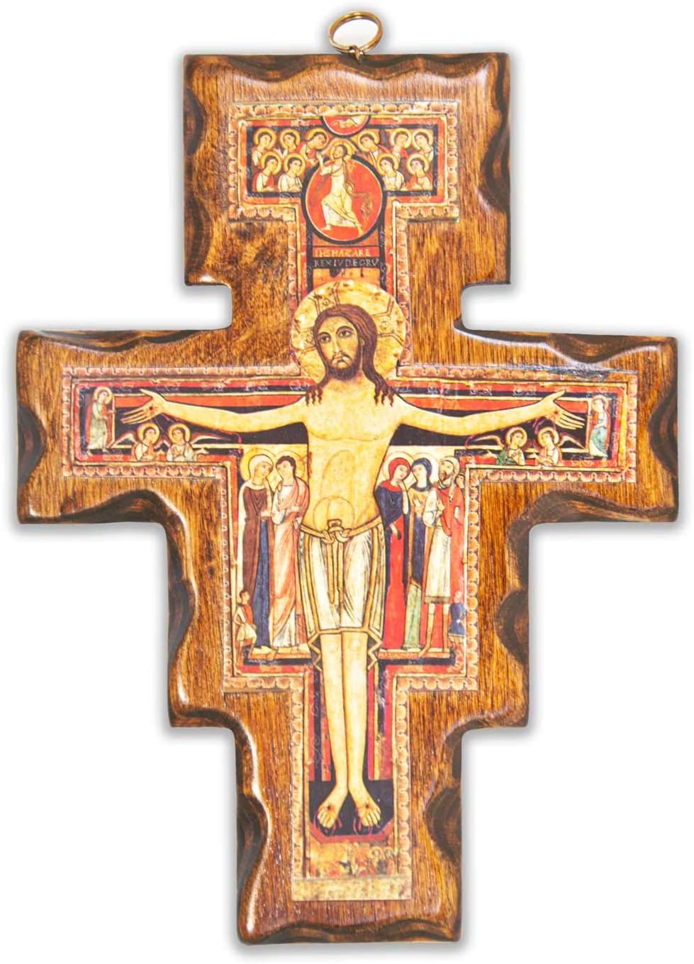 Crocifisso da parete in legno di faggio con corpo in metallo brunito, altezza 25 cm