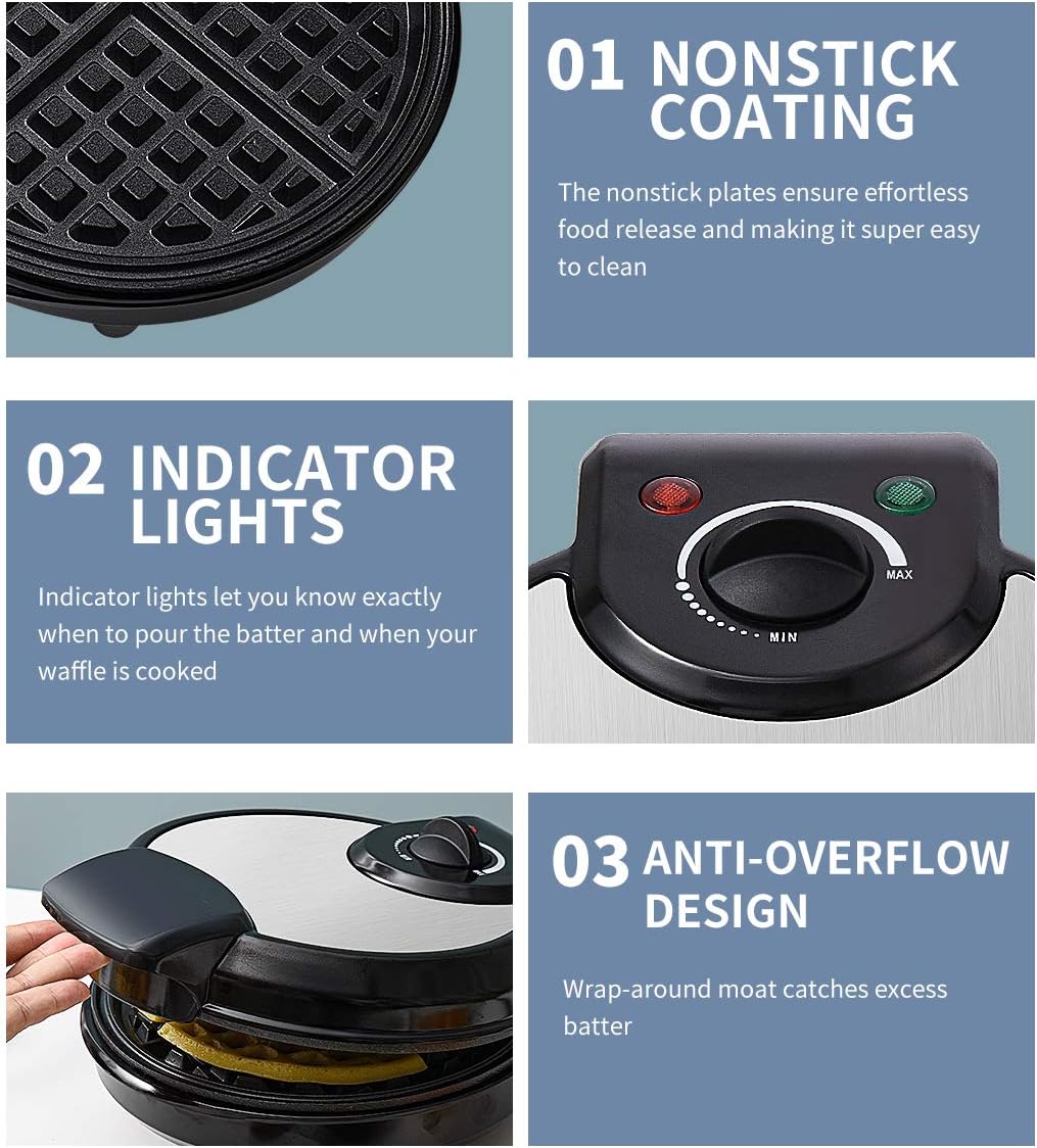 Auertech 8 inches Waffle Maker, 1000W Classic Waffle Maker Machine with Adjustable Temperature Control, Non-Stick Plates, Indicator Lights, Cool Touch Handle