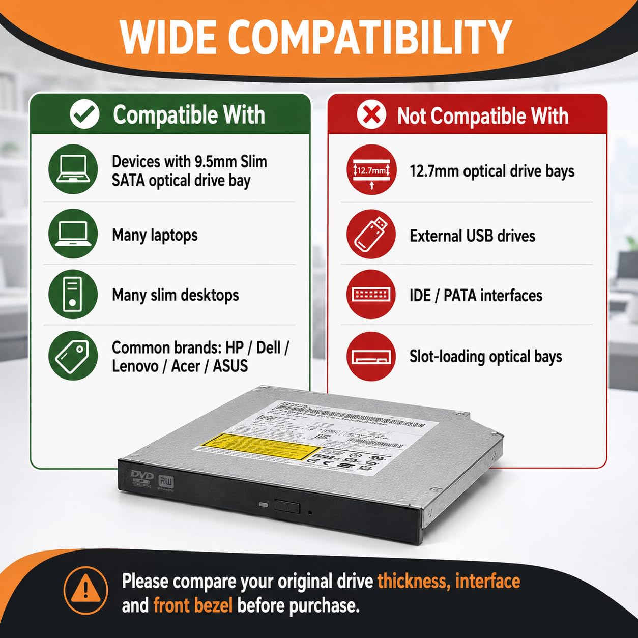 Lecteur DVD RW interne SATA 9,5 mm, GUD1N Slim à chargement par plateau, graveur de CD DVD 8X avec support M-DISC, remplacement super multiple pour ordinateur portable et ordinateur de bureau