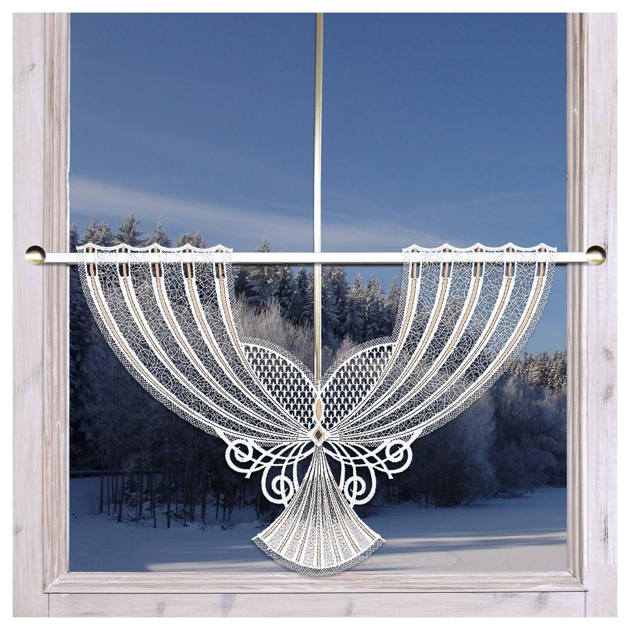 Scheibenhänger Aluna Echte Plauener Spitze Moderne Fächerspitze in weiß, beige und anthrazit Klassische Spitzengardine mit Ornamenten 31 x 44 cm