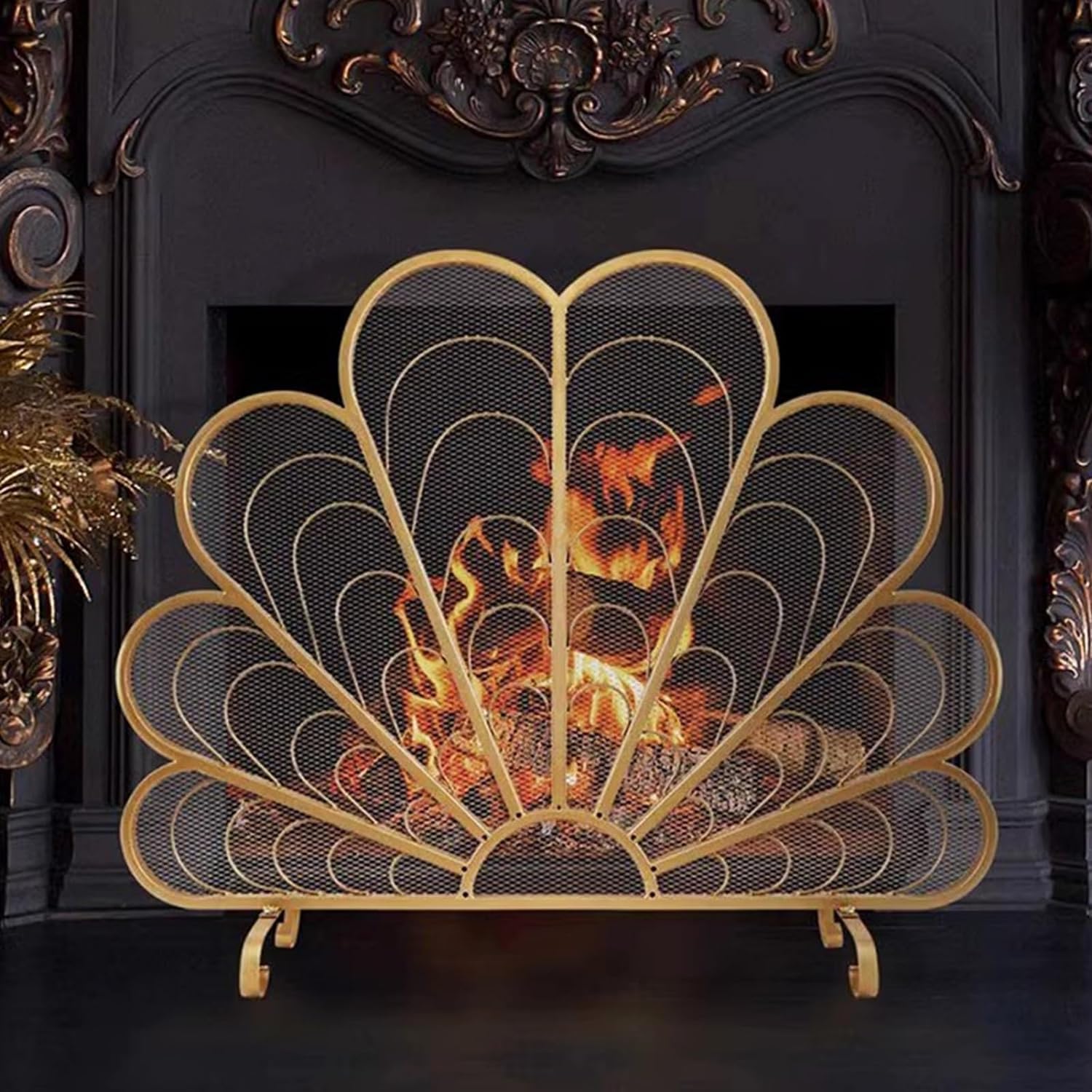 Puerta de fuego resistente al calor para chimenea con diseño de pavo real