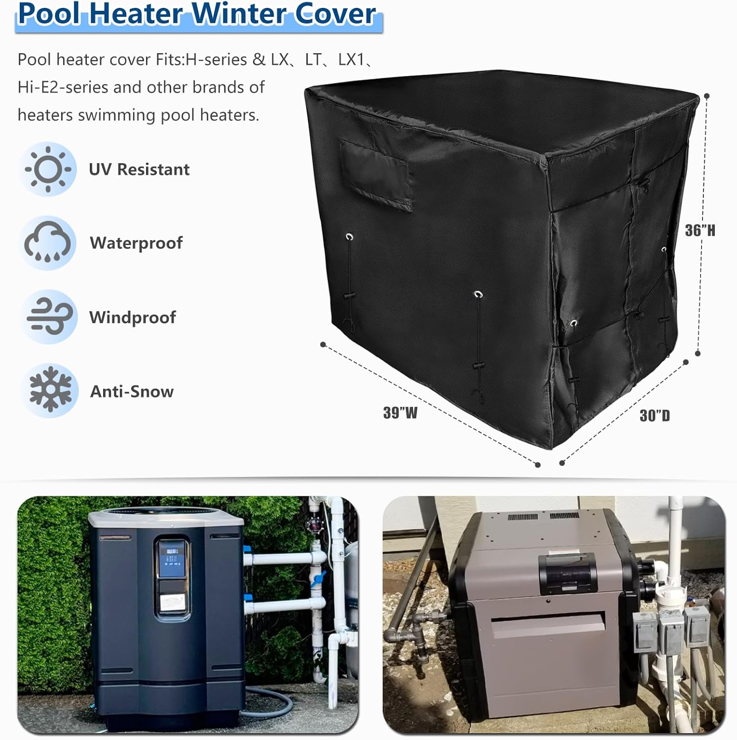 Pool Heater Cover Winter Outside Units, Waterproof Insulation Swimming Pool Heat Pump Covers, Adjustable to Different Sizes Suitable for Heaters up to 39" W X 30" D X 36" H (Black)