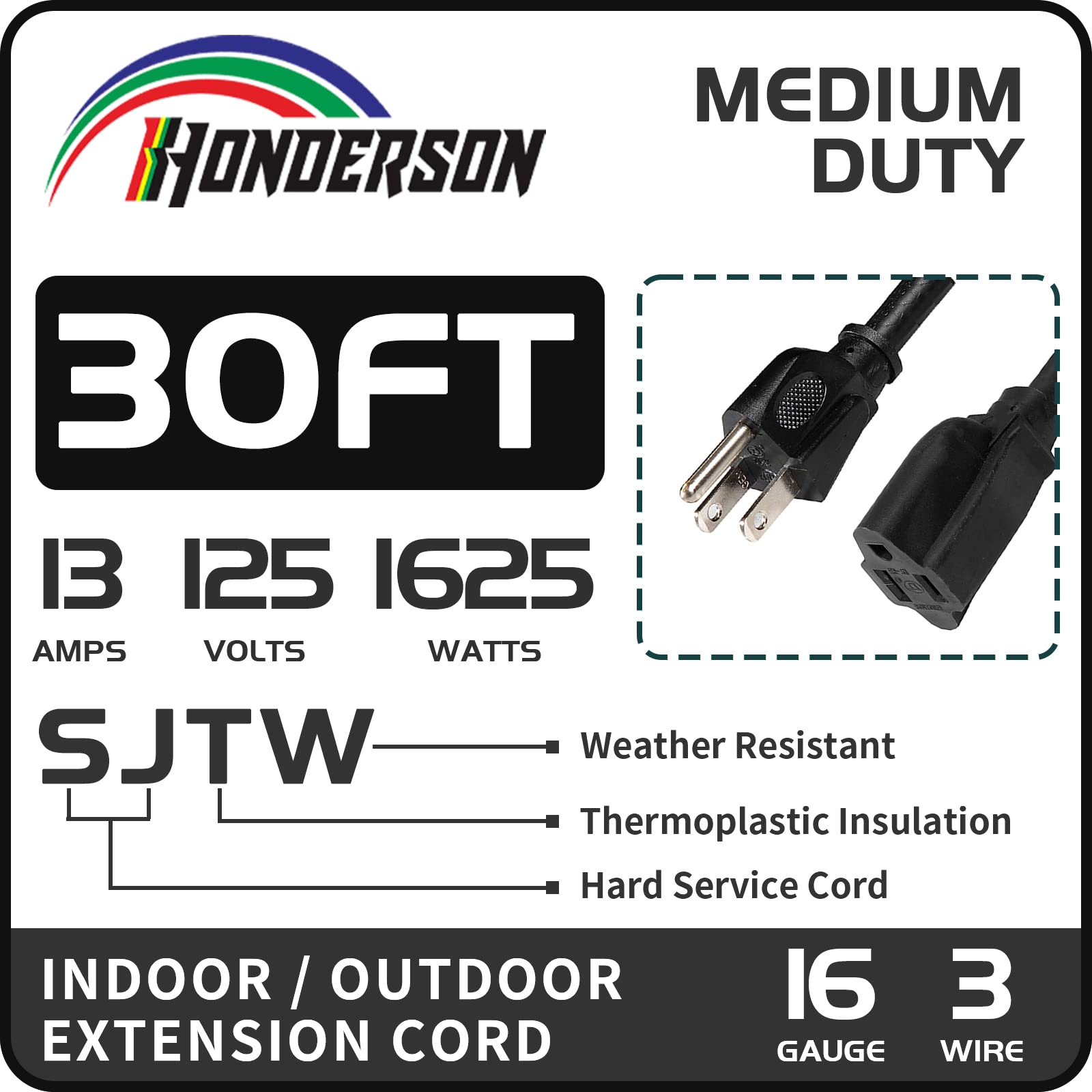 30FT Outdoor Extension Cord-16/3 SJTW Durable Black Extension Cable with 3 Prong Grounded Plug for Safety