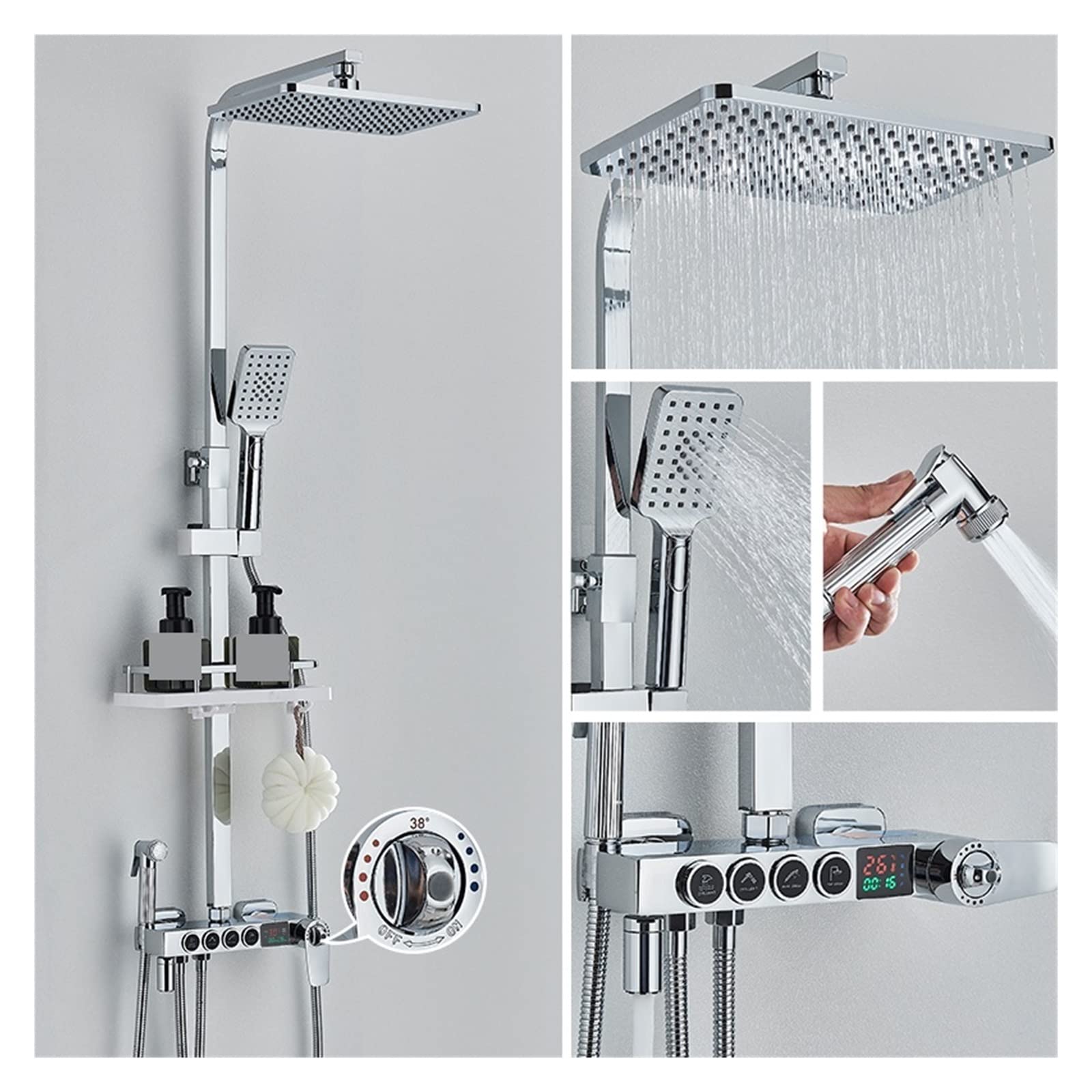 Czarny termostatyczny cyfrowy wyświetlacz bateria prysznicowa energia wodna LCD deszczownica System prysznicowy do wanny bateria do bidetu wanna prysznic kran(Chrome 4-way HWSX)