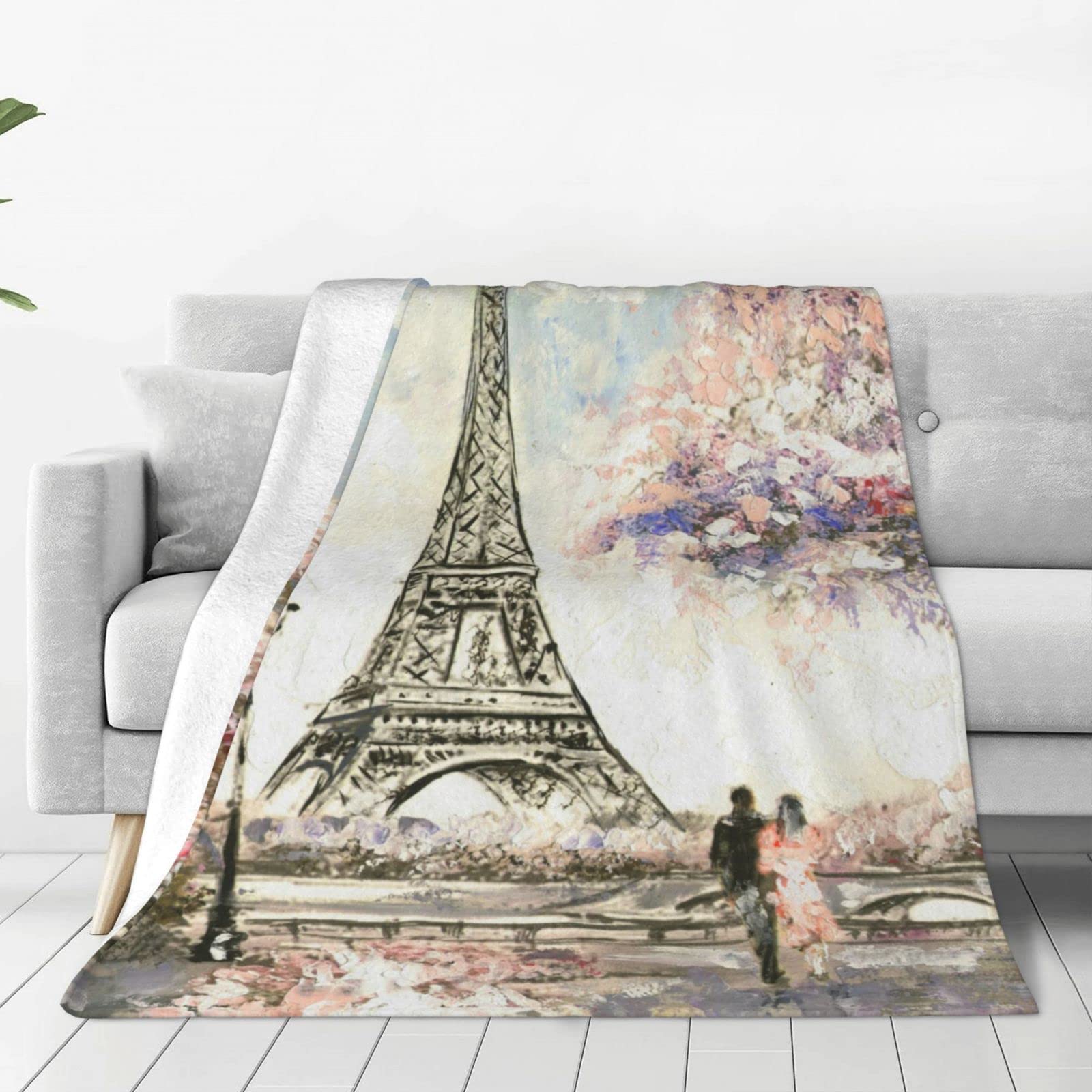 Lsjuee Throw Blanket Floral Couple Under The Eiffel Tower Warm Cozy Soft Lightweight Flannel Fleece Blanket for Bedroom Sofa Room Home Decorative Fuzzy Blanket 50"x40"