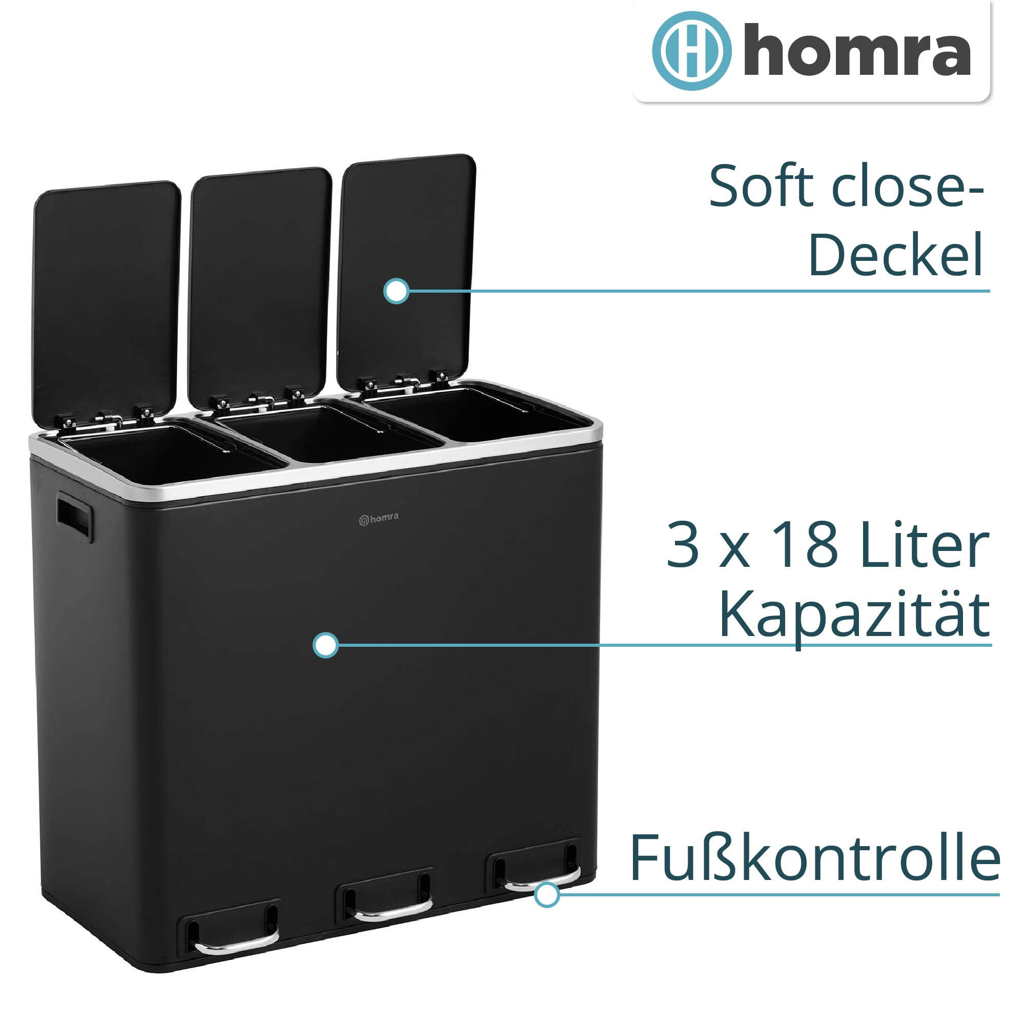 Homra Mülleimer Küche 3 Fächer Sparq 54l | Mülltrennsystem 3Fach | Edelstahl Treteimer 3x18 Liter | Trennsystem 3 Inneneimern | Abfall & Recycling | Abfalleimer Tretmülleimer Softclose | Schwarz