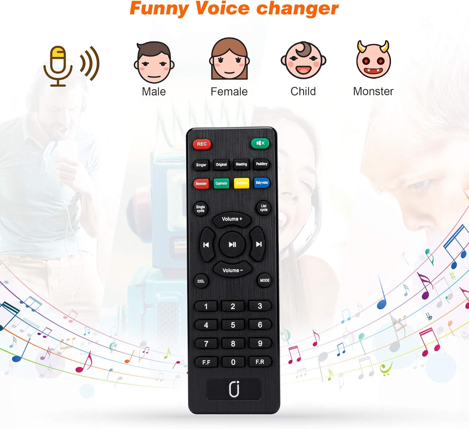 JYX 82BT remote control with buttons for voice changing effects like Monster, Male, Female, and Baby-voice.