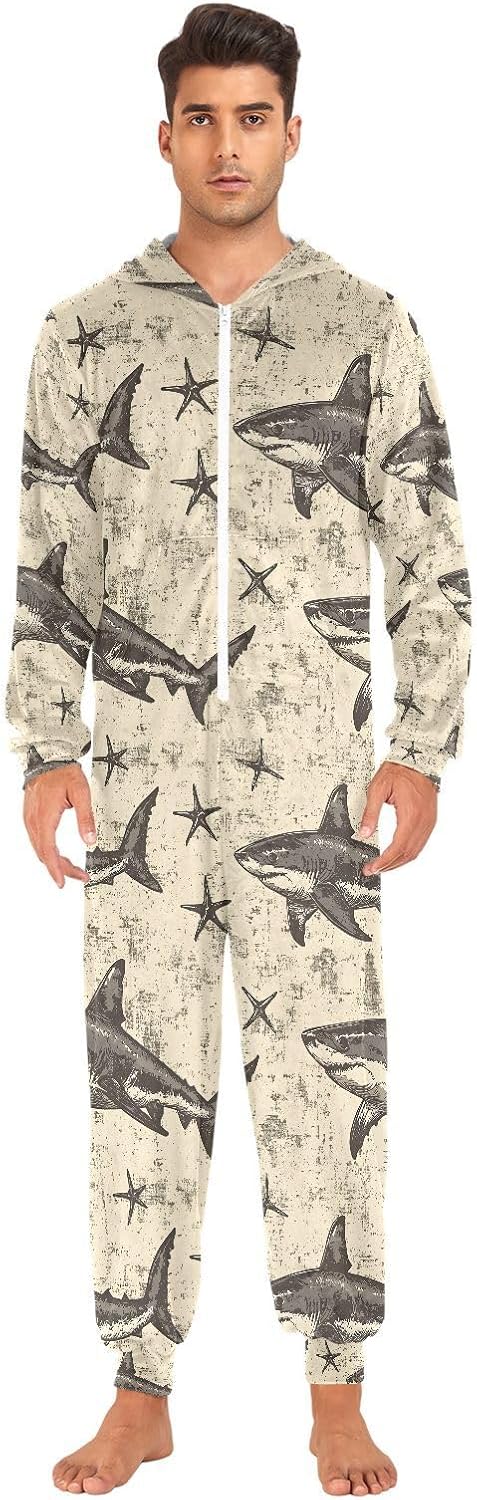 Shark Starfish Ocean Nautical Coastal Adult Onesie Pajamas Novelty One Piece Costume Sleepwear Jumpsuits Matching PJS