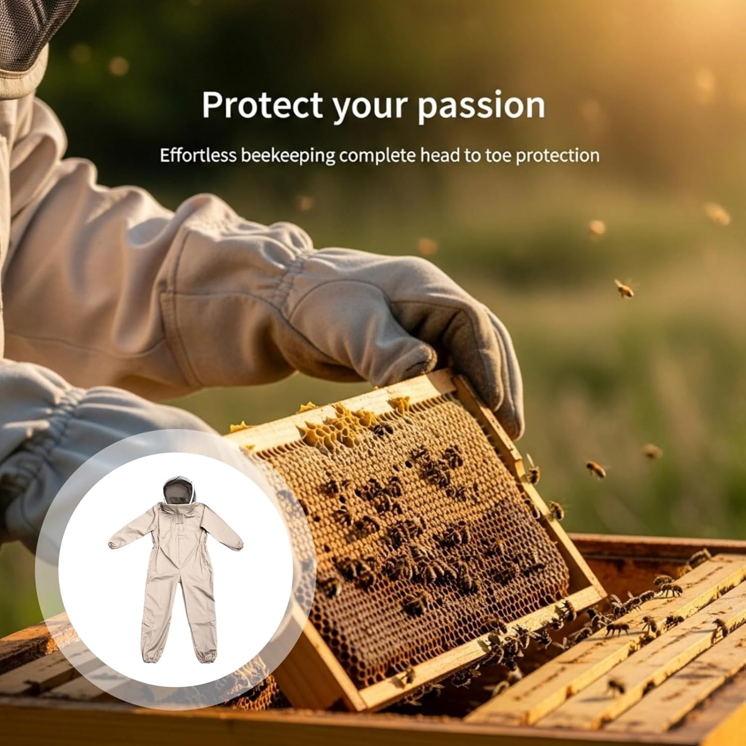 Beekeeper Suit with Gloves, XXL Thickened Full Body Khaki Bee Suits for Men, Protective Bee Suit