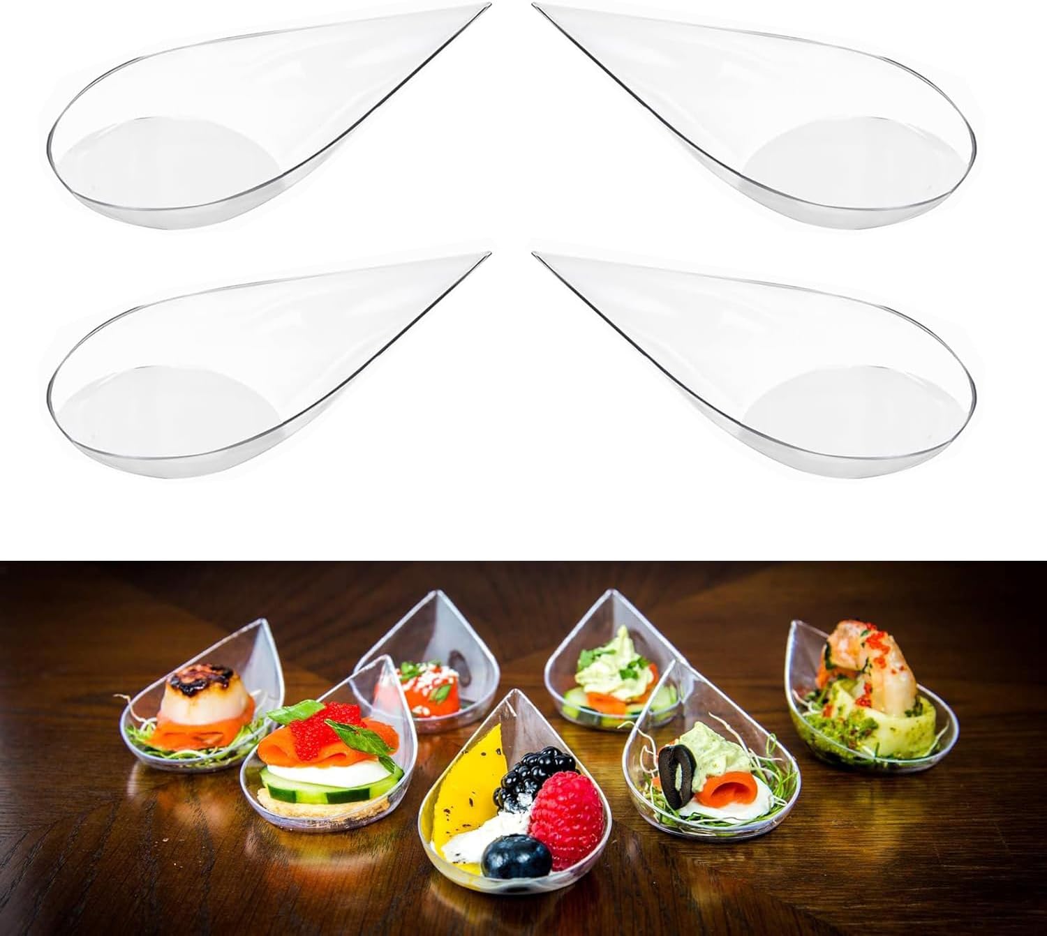 50PCS 100mm Reusable Transparent Plastic Teardrop Shape Mini Appetiser Platter Suitable for Tiramisu Puddings Sweets Snack Foods