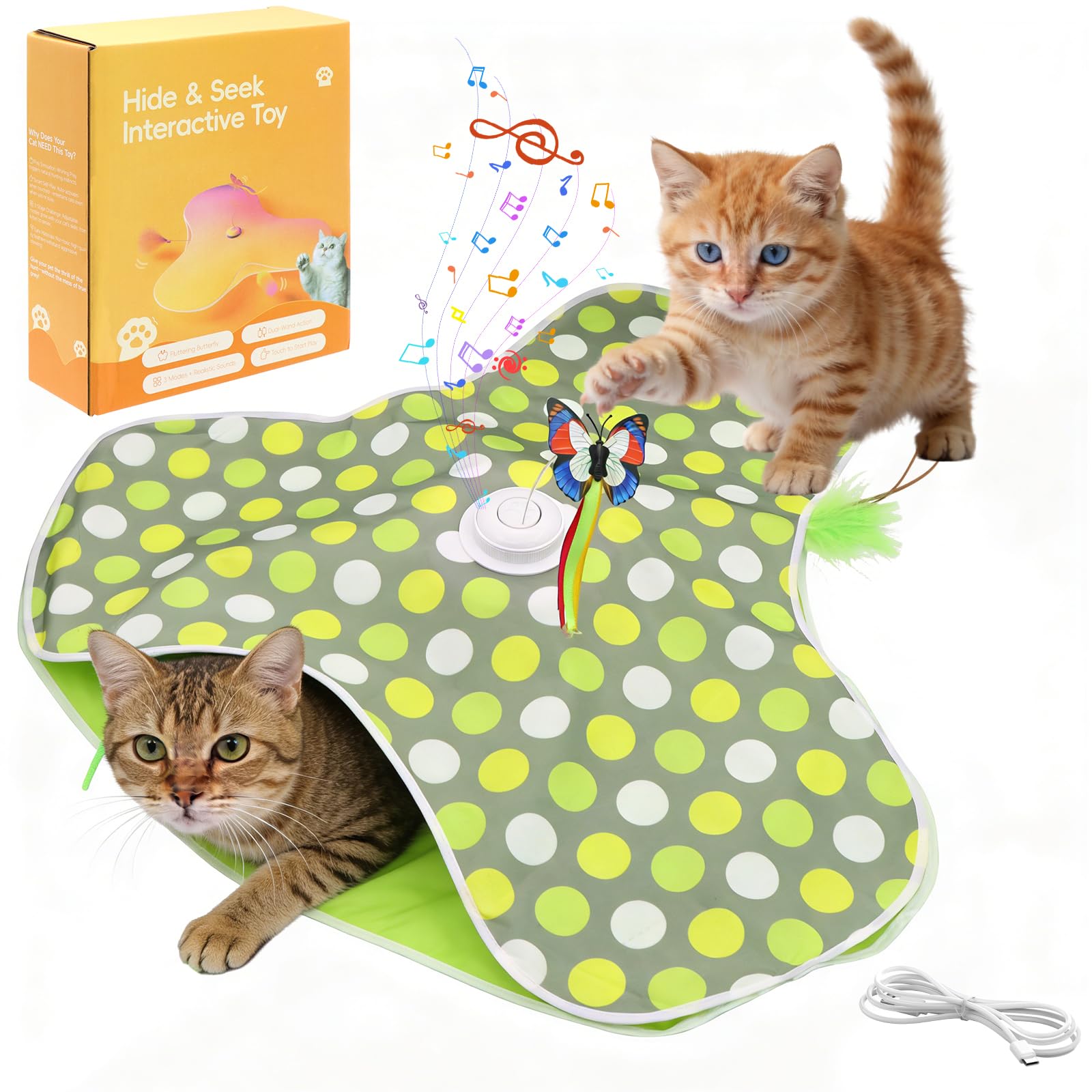 UKONWIT Interactive Cat Toy for Indoor Cats, Automatic Hide and Seek Cat Toy with Motion Activated Butterfly & Moving Tail, 3 Modes, Rechargeable, Smart Touch Sensor, Anti-Boredom Kitten Exercise Toy