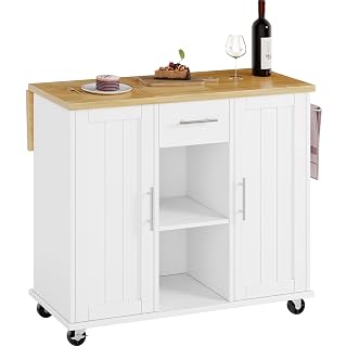 SUNLEI Rolling Kitchen Island Cart, Island Table for Kitchen, Farmhouse Kitchen Cart with Drop Leaf & Towel Rack & Drawer, Kitchen Island with Storage, White - Amazon product rated Grade A