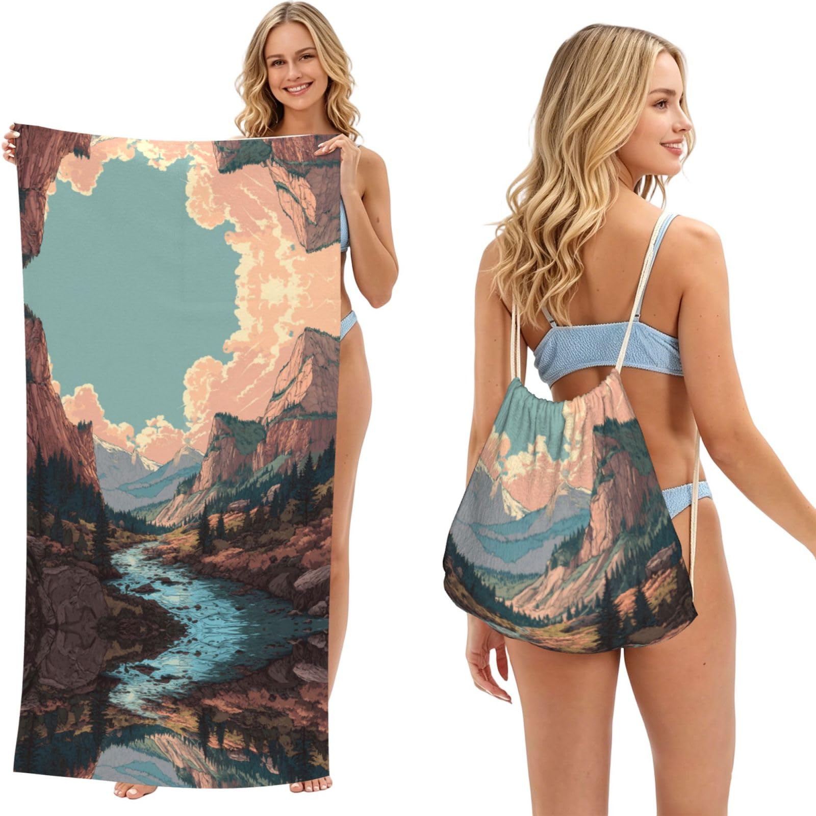 ESNAIUVCD Mountains And Rivers Print Beach Towel For Adults,Towel With Drawstring Bag, Travel Pool Swimming Sports Shower Sand Free Quick Dry Bath Towel For Pool, Beach, Yoga- 180x60cm