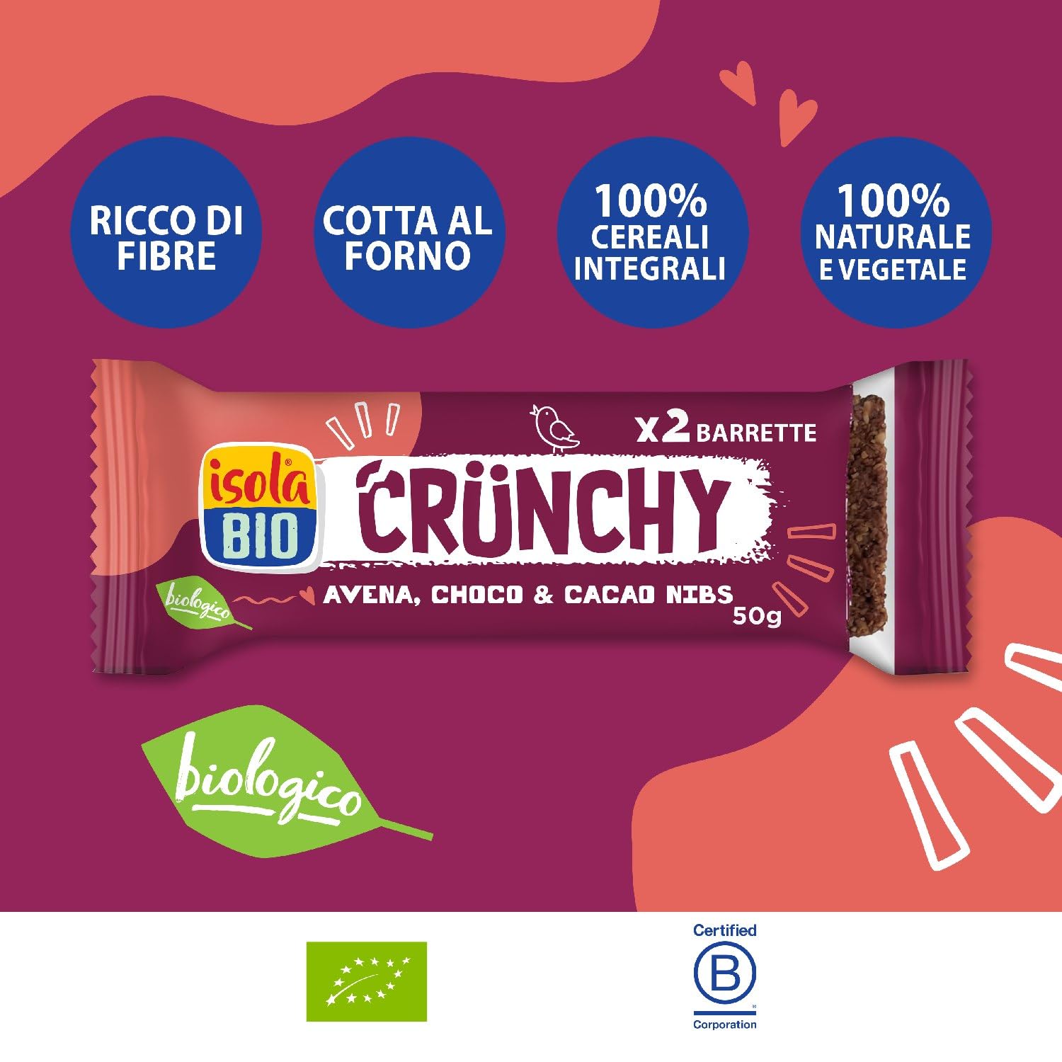 ISOLA BIO Barrette con Avena Integrale, Cioccolato e Granella di Cacao Bio, Crunchy, Fonte di Fibre, Vegan, 12 Confezioni da 50g (2 Snack per Confezione, Totale 24 Barrette)