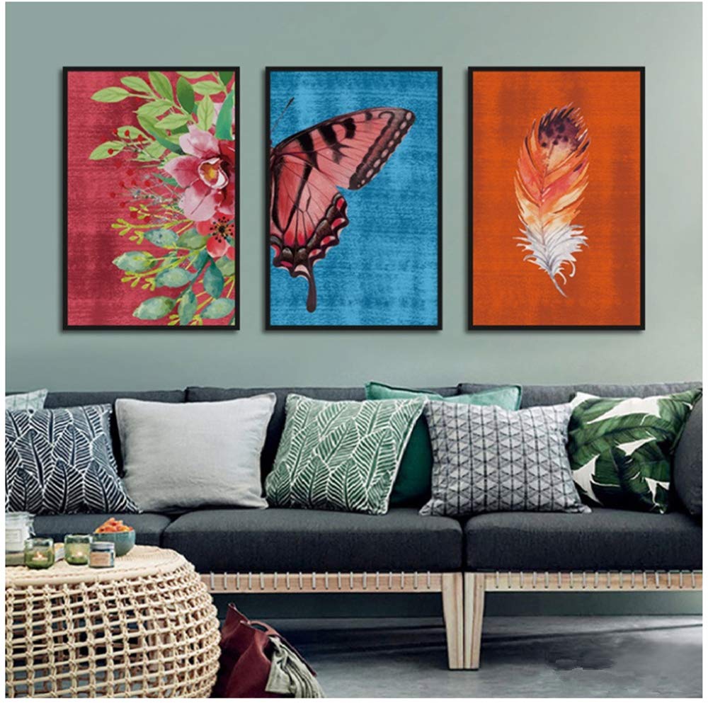 Imprimir lienzo pintura plantas creativas flores de mariposa carteles e imágenes de pared para sala de estar marco decoración arte 30x40 cm x3 /11.8 "x 15.7" con marco