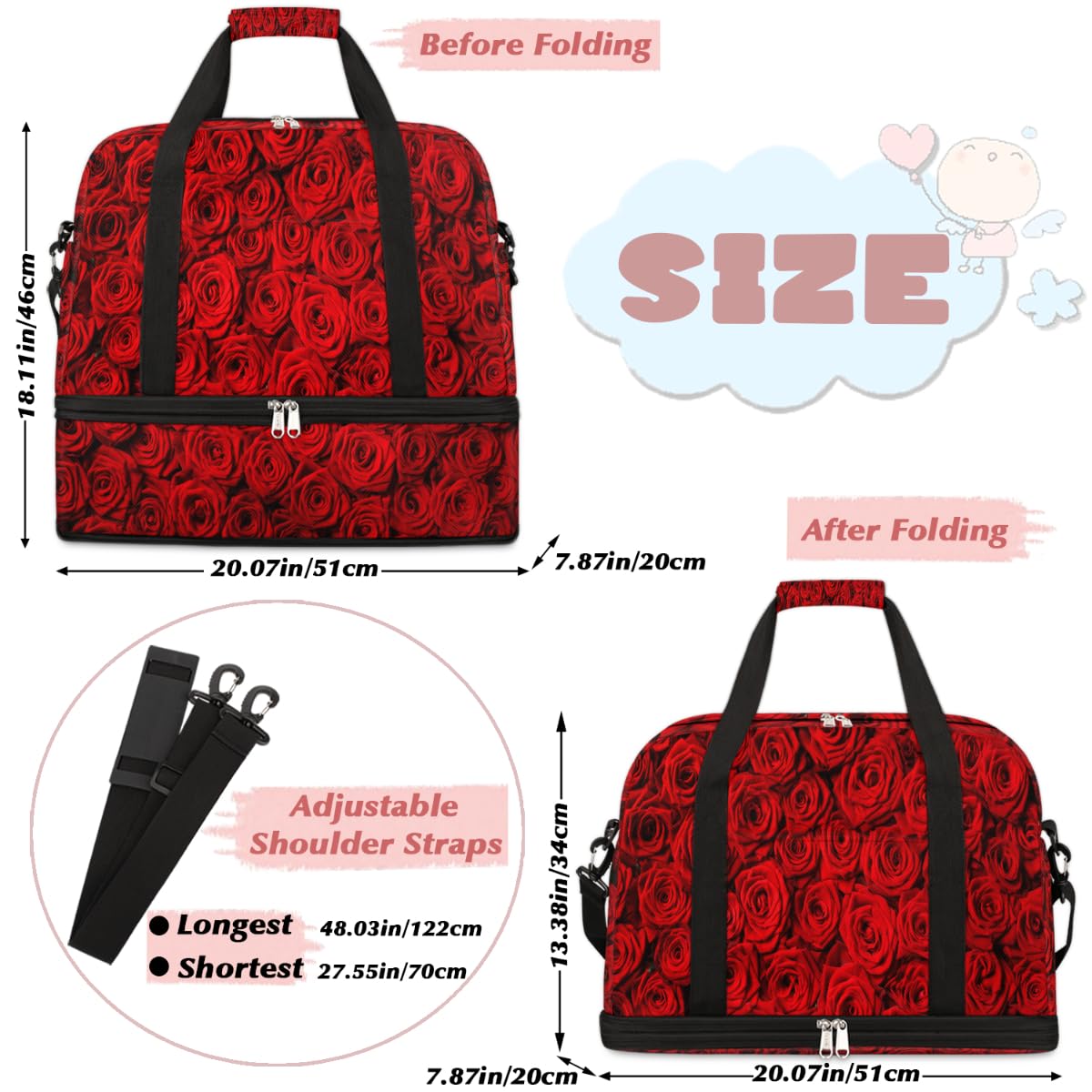 Bolsa de viaje plegable con diseño de rosas rojas de 47 l, bolsa de fin de semana con funda para carrito de transporte, bolsa de hombro separada para deportes, gimnasio, viajes, multicolor, 47L, Bolsa
