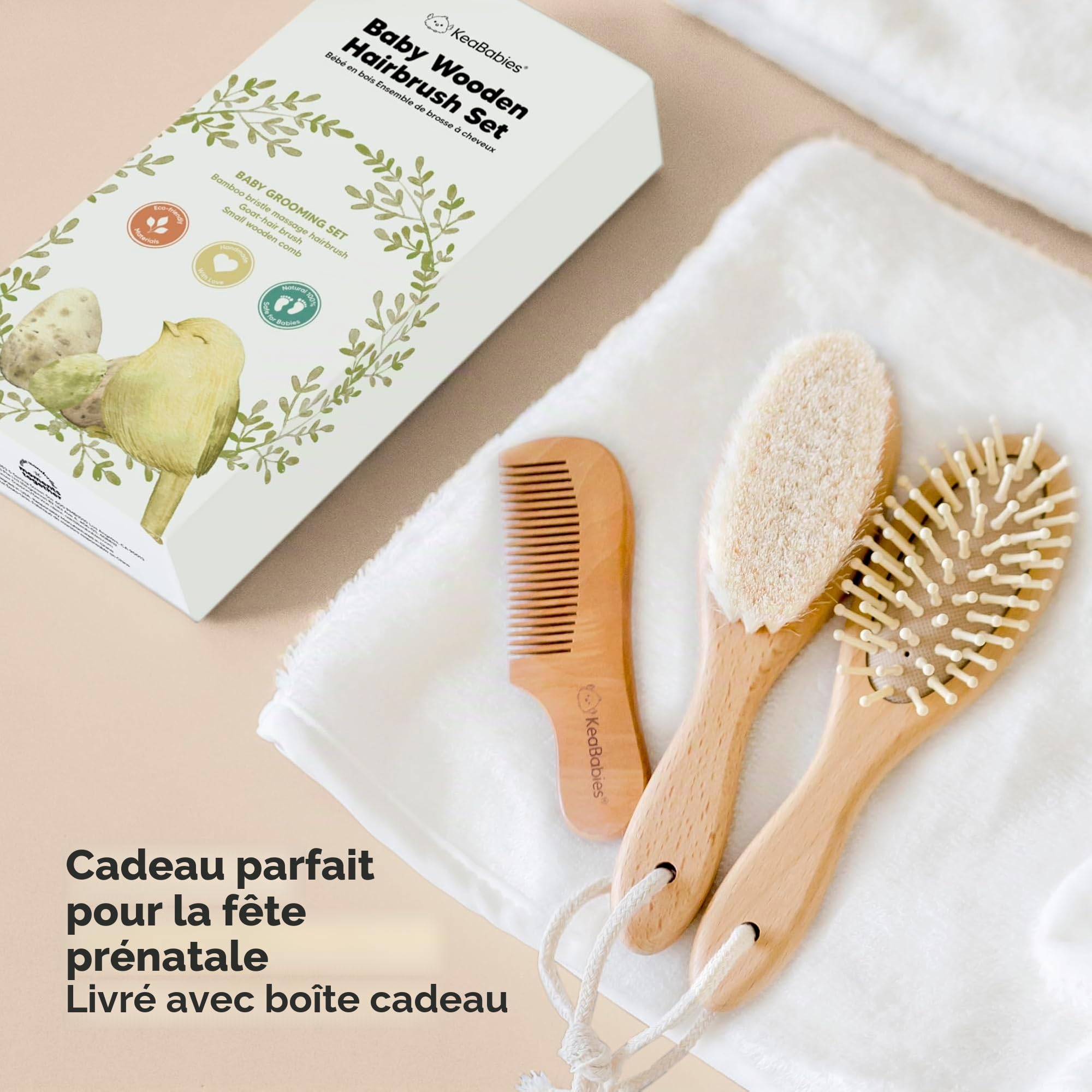 Brosse à Cheveux Bébé Pour Nouveau-né - Brosse à cheveux en bois naturel avec poils de chèvre doux pour berceau - Kit de toilettage parfait du cuir chevelu pour nourrissons, tout-petits et enfants
