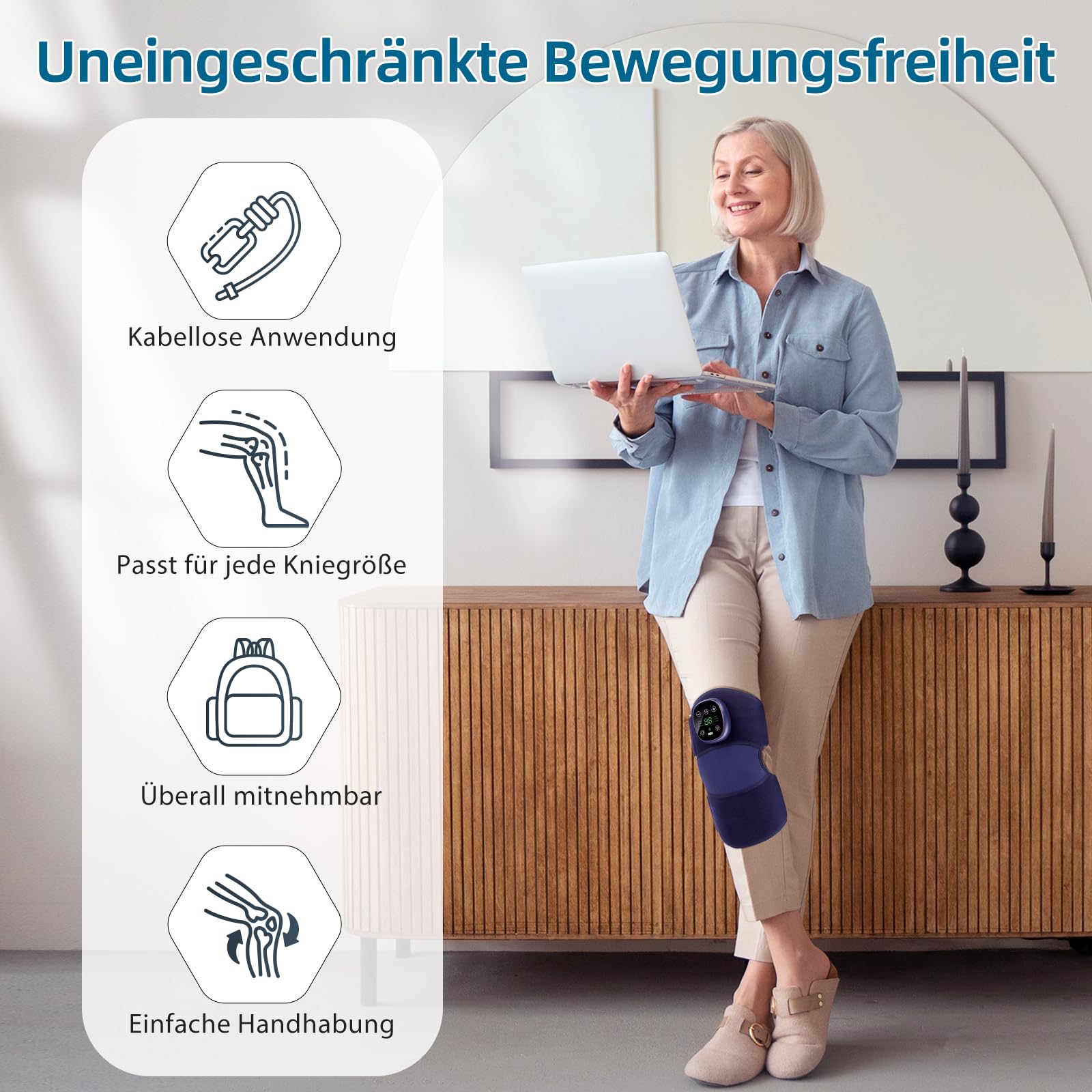 Kabelloses Knie Massagegerät mit Wärme & Luftdruck, Elektrischer Kniemassageier mit 6 Heizstufen 9 Modi zur Linderung von Knieschmerzen, Arthrose Sportverletzungen, für Knie Ellenbogen