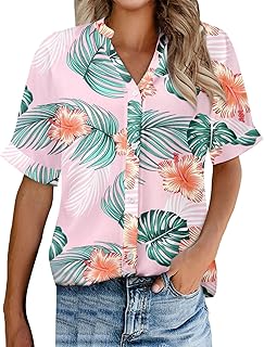 Camisa de manga corta para mujer con cuello en V y estampado floral Camiseta larga para mujer