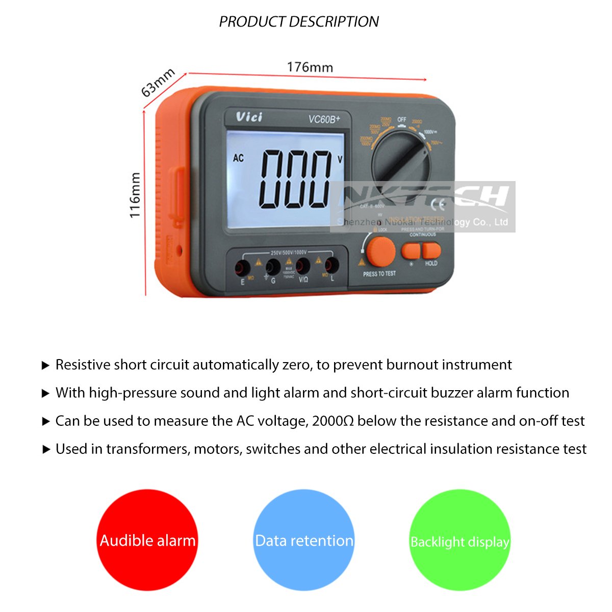 VICI VC60B+ Testeur de mégohmmètre numérique Mégohm Isolant LCD DC AC Tension Résistance DC-250/500/1000V AC-750V Multimètre Testeur avec Tournevis TL-1