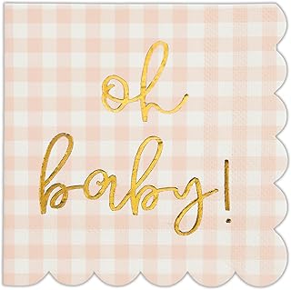 Cloverjoyed 'Oh Baby' Pink Baby Shower Decorations for Girls, Pink Plaid Oh Baby Napkins, Gingham Scalloped It's a Girl Decor, 1st Birthday, Welcome Home, Sprinkles, Pregnancy Announcement, 50 Pack
