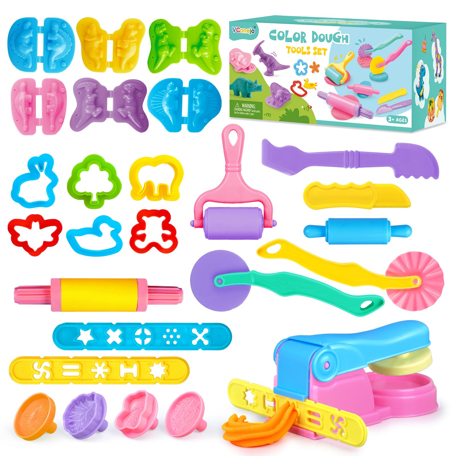 VConejo Playdough Tools Set for Kids, 26 pcs Dough and Clay Accessories with Stamps, Animal Cutters, Rollers, Extruder, Dinosaur Dough Play Molds, Educational Toys for Boys Girls