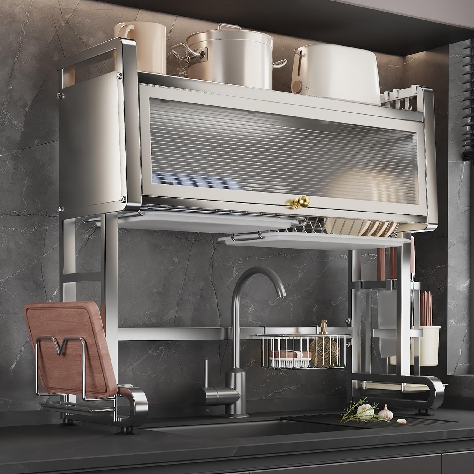 Égouttoir à vaisselle réglable en hauteur en acier inoxydable, grande capacité de séchage et égouttoir de rangement, organiseur de comptoir de cuisine multifonction avec porte-ustensiles