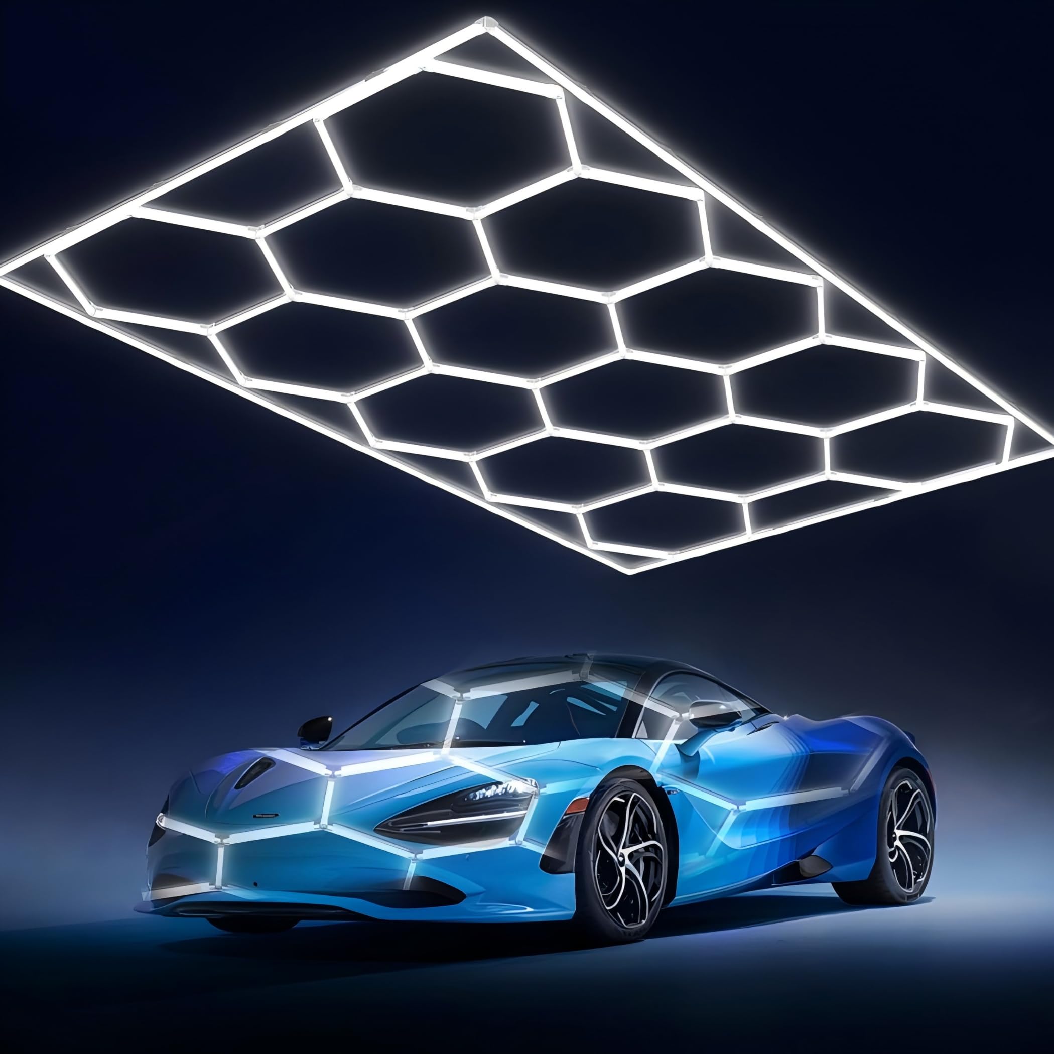 hexagon led garage,lámpara de techo led hexagonal,diseño de panal, 672 W, 6500 K, deformable, hexagonal, for garaje, taller, almacén, sótano y gimnasio.(14 trous)