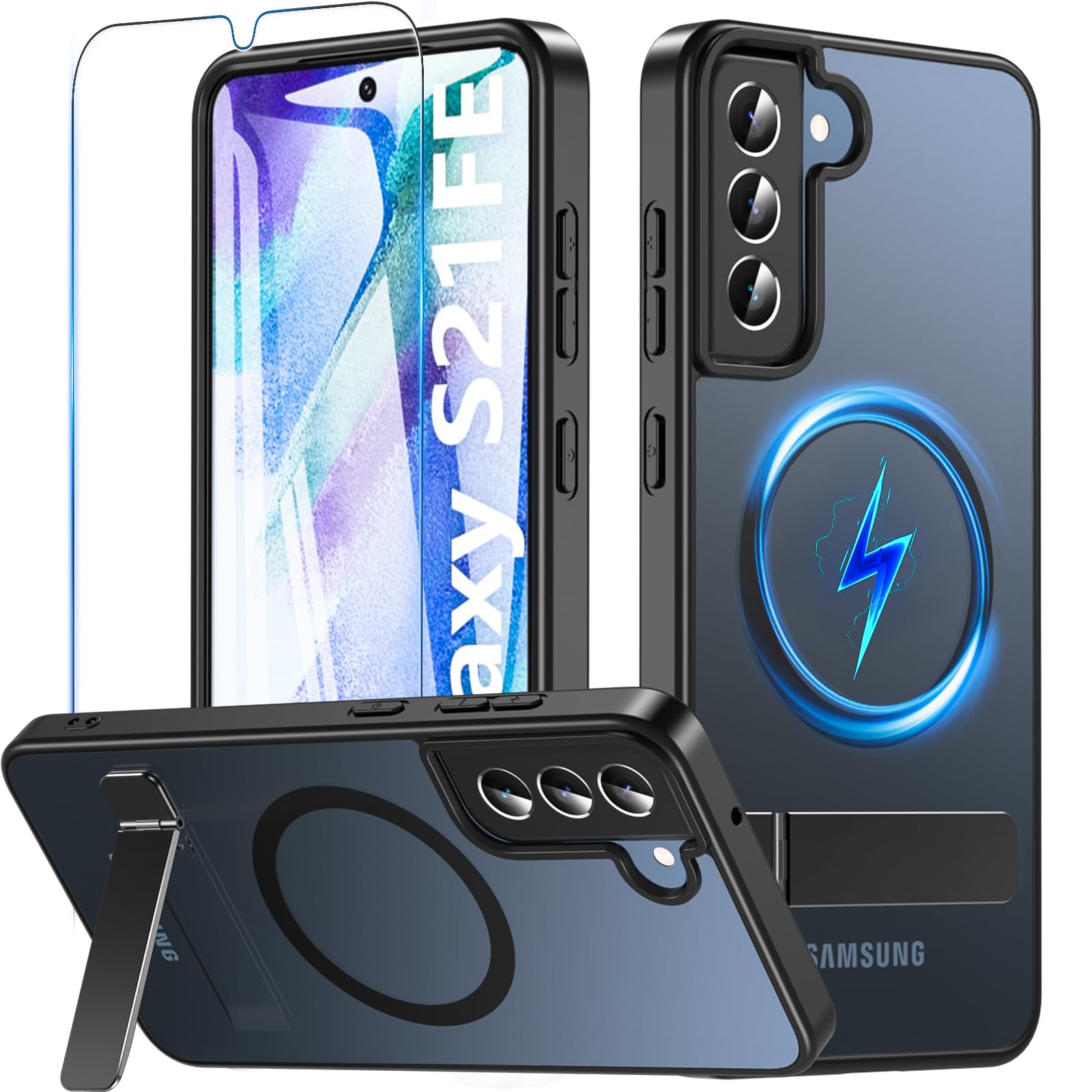 Magnetic for Samsung Galaxy S21 FE 5G Case with Stand+Screen Protector | Fit for Magsafe,Adjustable 3 Kickstand Ways,Military Protection Slim Matte Shockproof Cover Galaxy S21 Fe Phone Case,Black