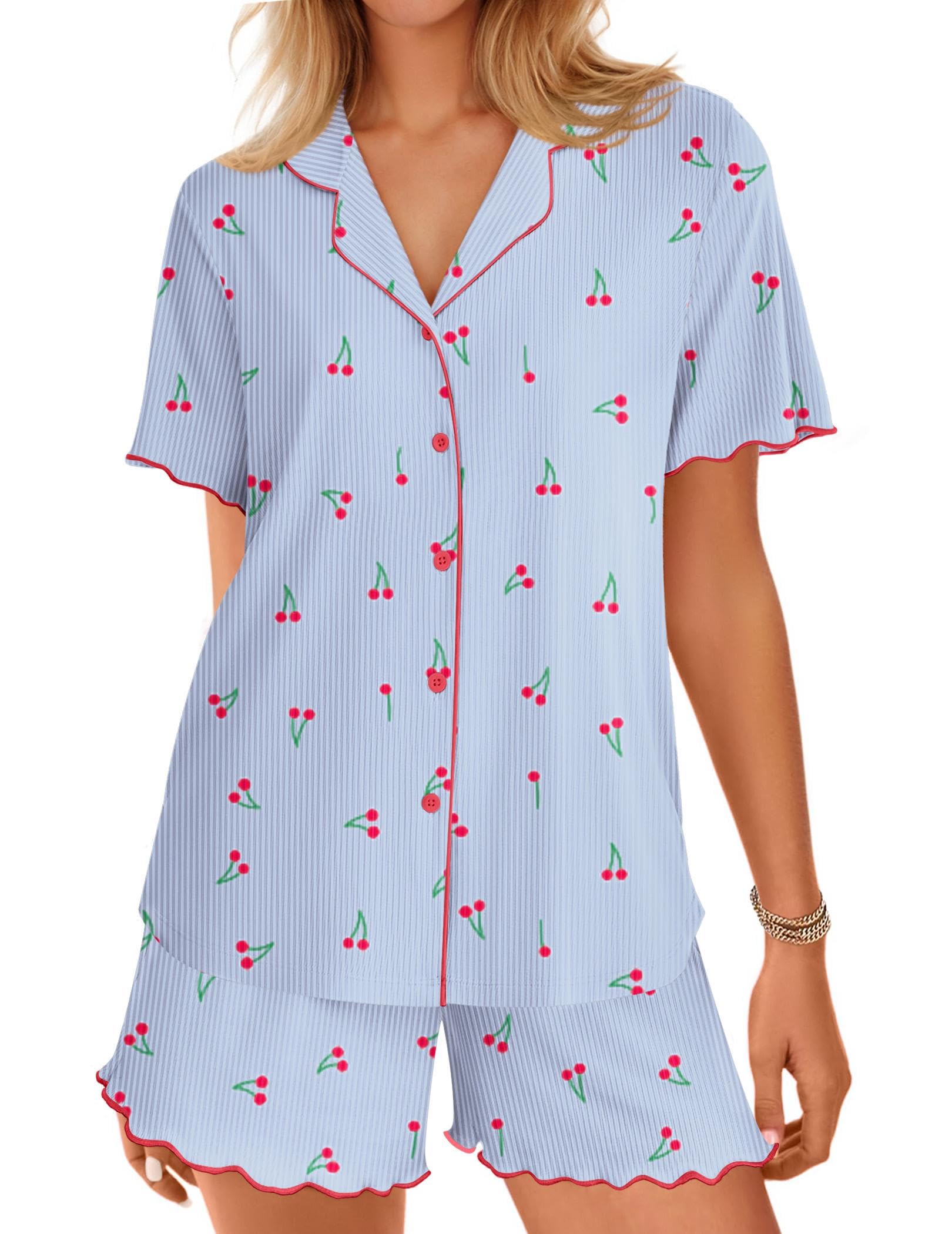 Ekouaer Button Up Pajamas Set for Women Short Sleeve Ribbed Knit Sleepwear 2 Piece Pjs Shorts Set