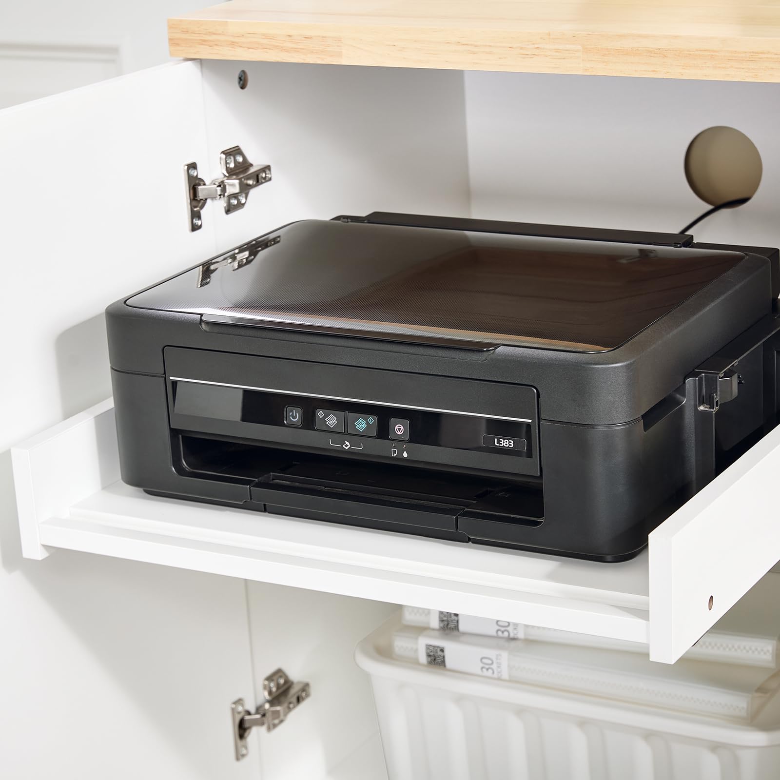 SoBuy Cassettiera Ufficio Mobiletto Salvaspazio con 3 Cassetti e 1 Vano Aperto Supporto Stampante Schedario da Ufficio Cassettiera da Scrivania Bianco e Naturale 90x45x75cm ASK07-WN