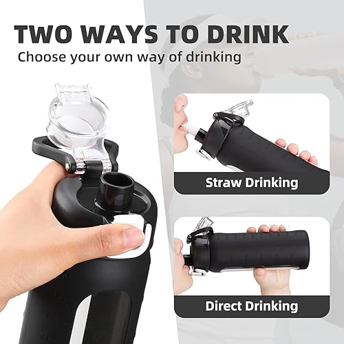 Miniatura 2 de Botella de agua de vidrio de 20 onzas con popote, botella de agua reutilizable con funda de silicona antideslizante, boca ancha a prueba de fugas