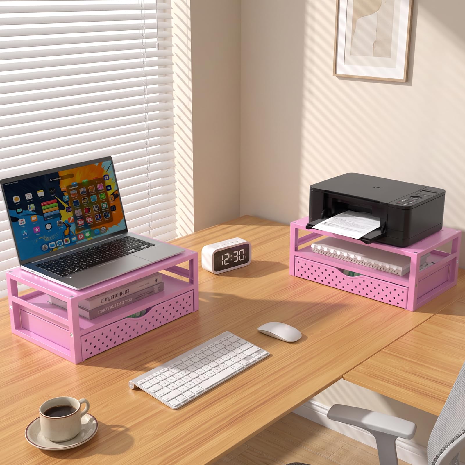 WALI Desk Organizer with Drawer，Computer Monitor Stand with Storage, Desk Organizers and Accessories for Computer, Printer, Laptop Riser for Home Office Supplies, (PTT005-P), 1 Pack, Pink view 3