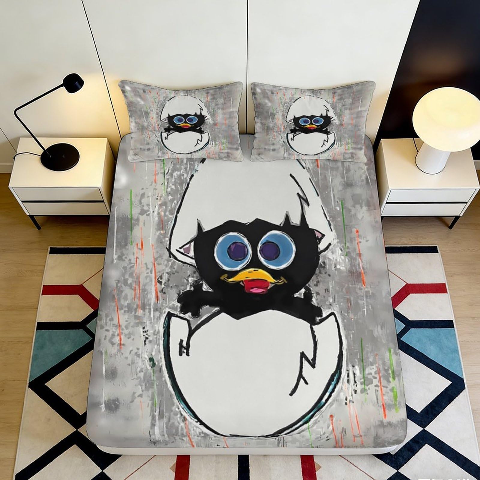 3D Printed Cartoon Black Chick Fitted Sheet Microfiber Soft Anti-Slip Bed Cover for Bedroom Dorm Decor 90x200x25cm