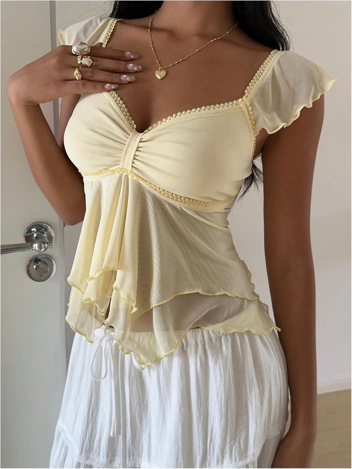 SOLY HUX Women's Babydoll Tops Ruffle Short Sleeve Mesh Crop Peplum Top Summer Coquette Clothes - Image 3