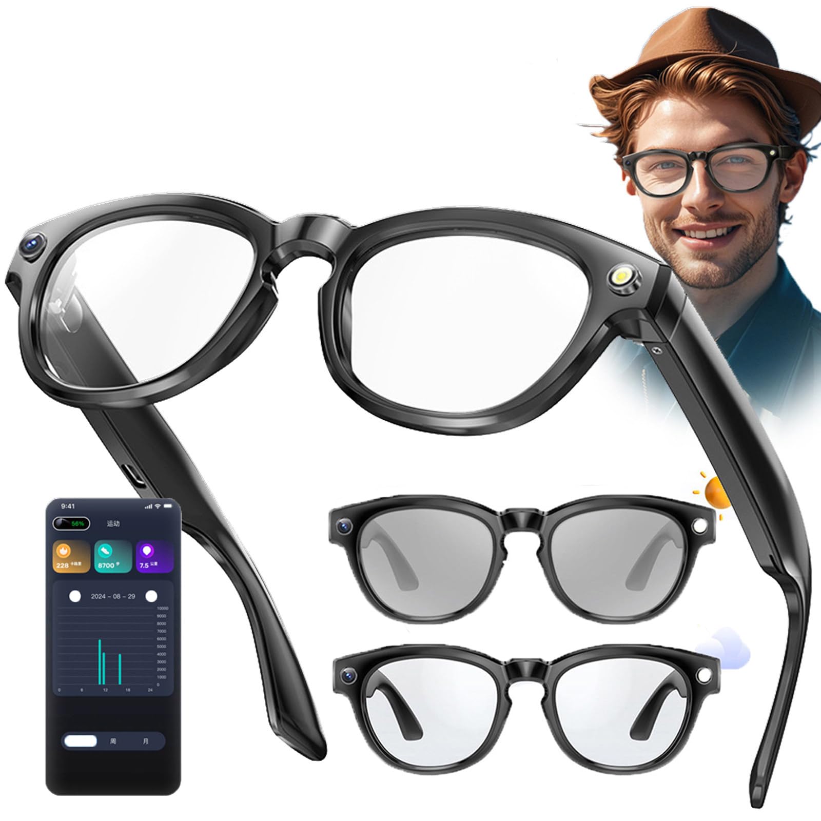 Lunettes Connectées IA,Bluetooth Avec Caméra Hd 200 W,Photo Et VidéO Ia,Assistant Vocal,Verres Photochromiques,Synchronisation Des Applications,éCoute De Musique Et Appels En Toute Simplicité !