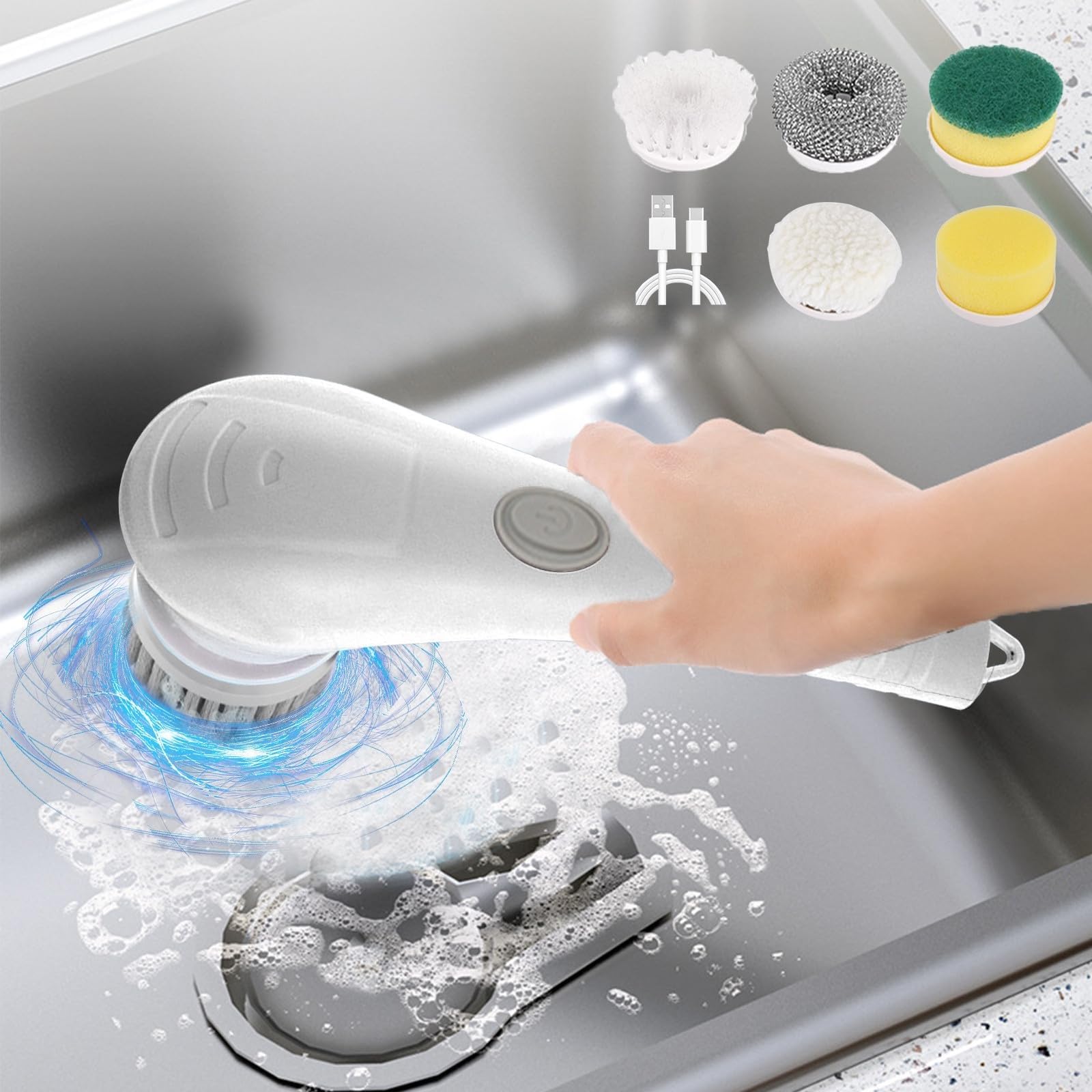 Fregadora Giratoria Eléctrica Inalámbrica,Cepillo De Limpieza For El Hogar,Cepillo Giratorio Eléctrico De Mano Recargable con 5 Cabezales Adecuado For Baño, Azulejos, Piso, Bañera, Cocina
