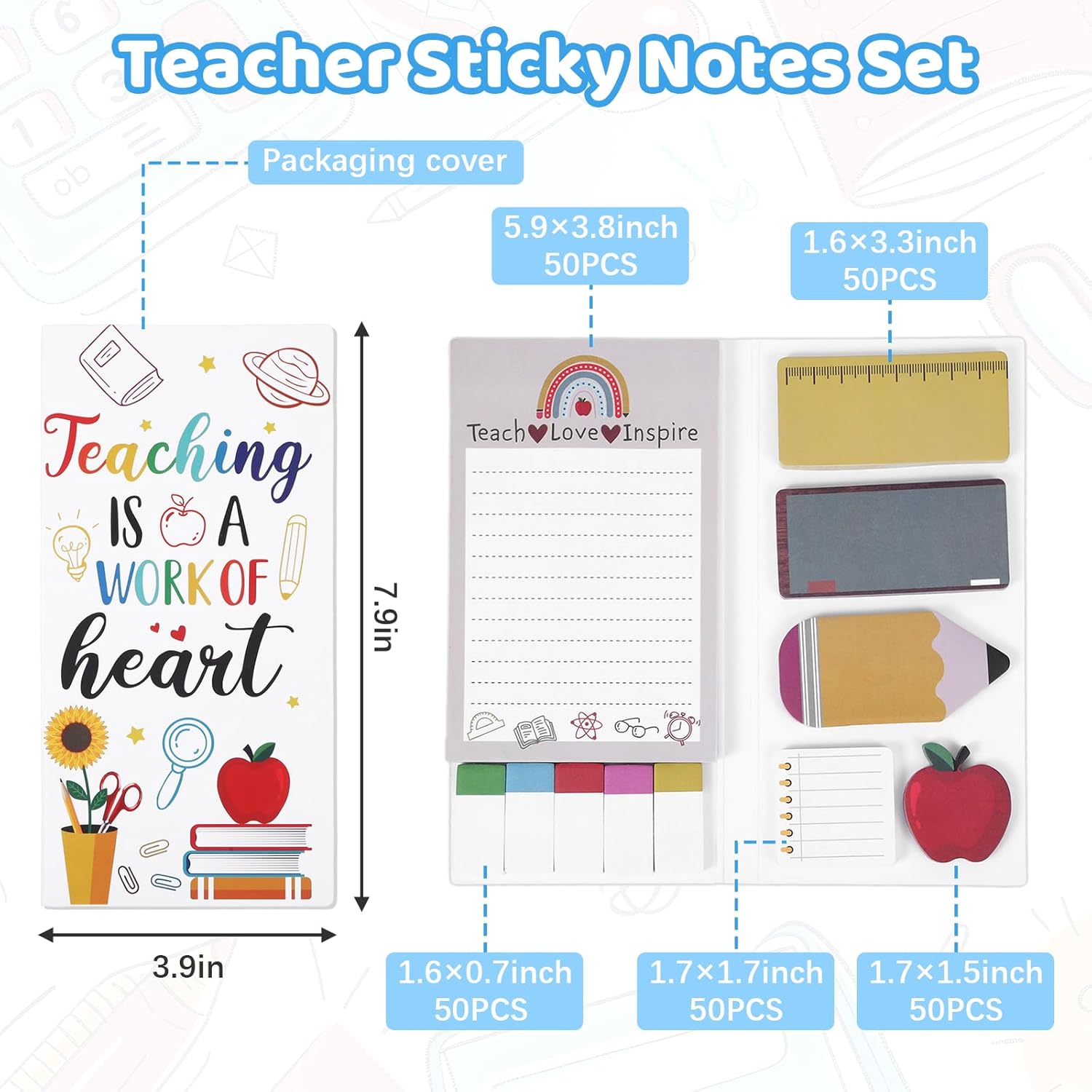Teaching is A Work of Heart Teacher Sticky Notes Supplies Set, Teacher Appreciation Sticky Notes Gifts Note Pads Writing Memo Pads Self-Stick Chalkboard Pencil Shape School Office 550 Sheet(White) - Image 2