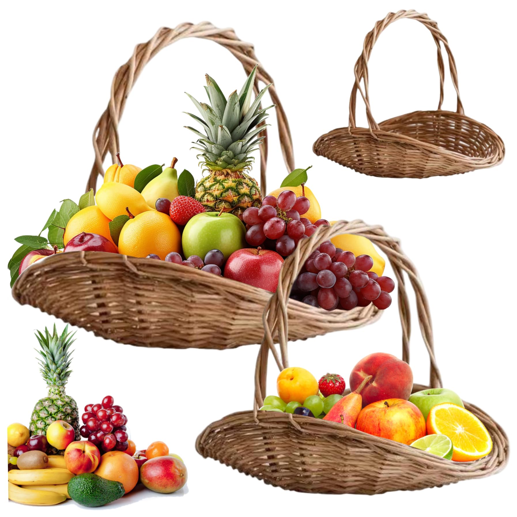 2 cestini in vimini naturale con manici, cestini per la raccolta da giardino per verdure e fiori, contenitori multiuso per picnic e decorazioni pasquali