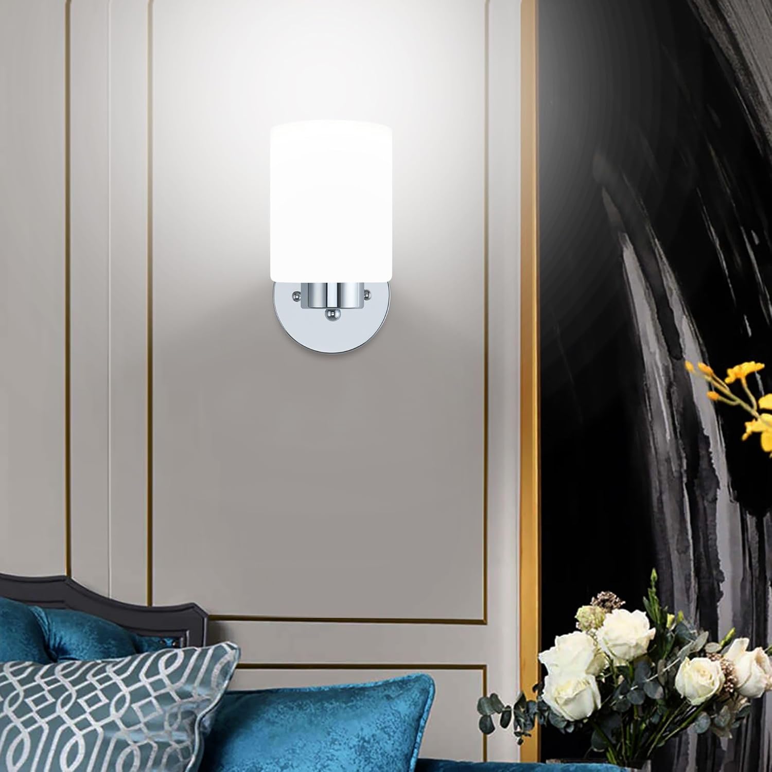 Frosted Wall Sconce Set of Two,Chrome Sconce Bathroom Lighting,Modern Chrome Vanity Light,Mid-Century Vanity Sconces for Bathroom,Livingroom,Kitchen