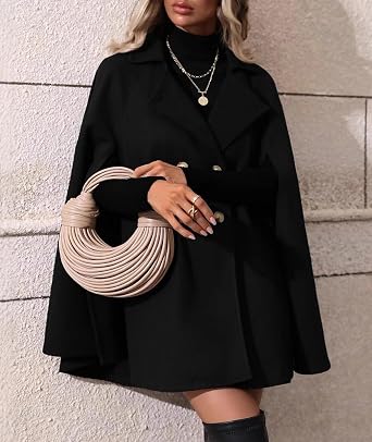 SOMTHRON Women's Winter Cape Coat Double Breast Slit Sleeve Notched Lapel Flowy Vintage Wool Blend Cloak Coat