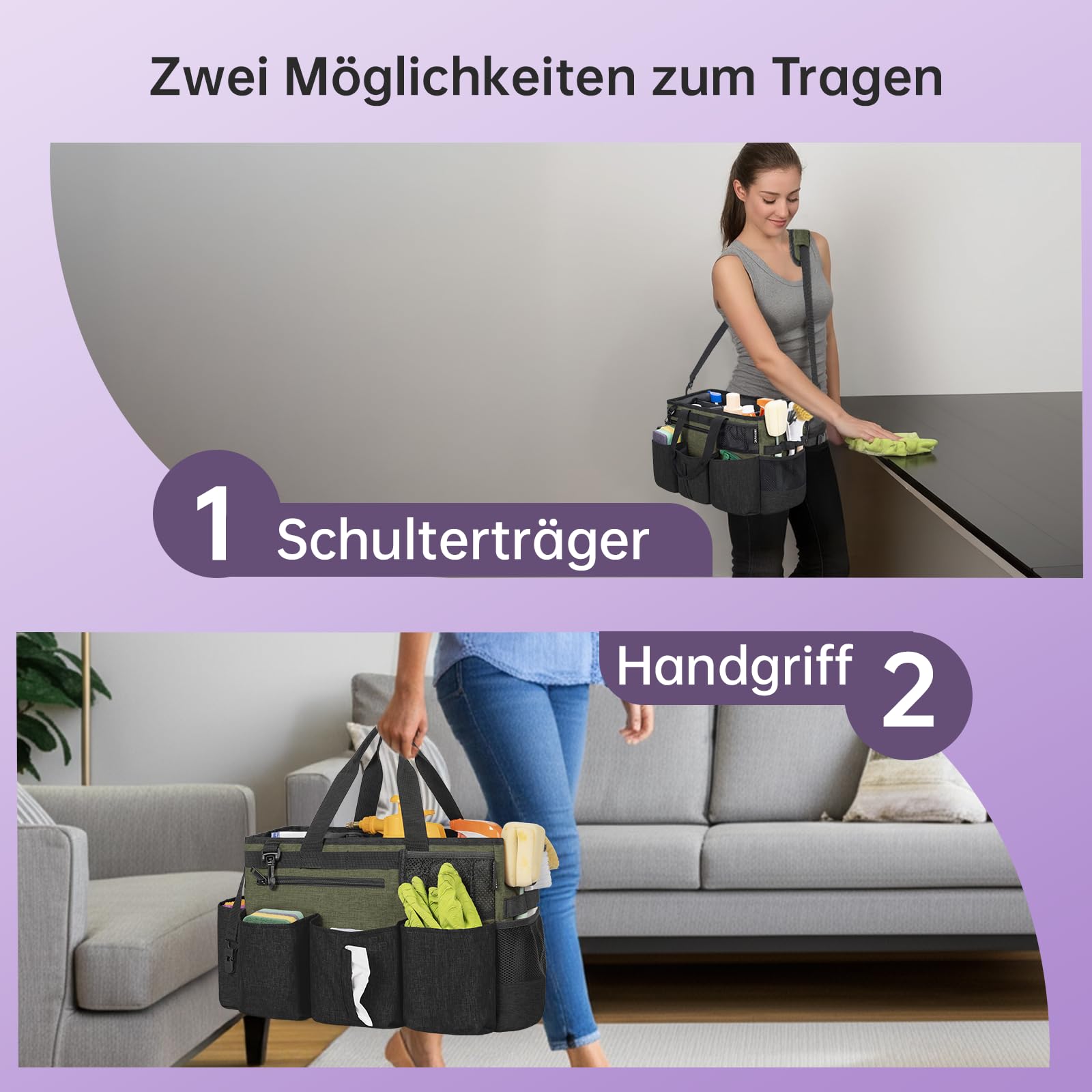 OUUTMEE Reinigungstasche 38 x 22 x 26 cm,Mit herausnehmbarem Fach Tote Reinigungstasche，Tragbarer Organizer für Reinigungsmittel Mit verstellbarem Schultergurt，Grün Groß