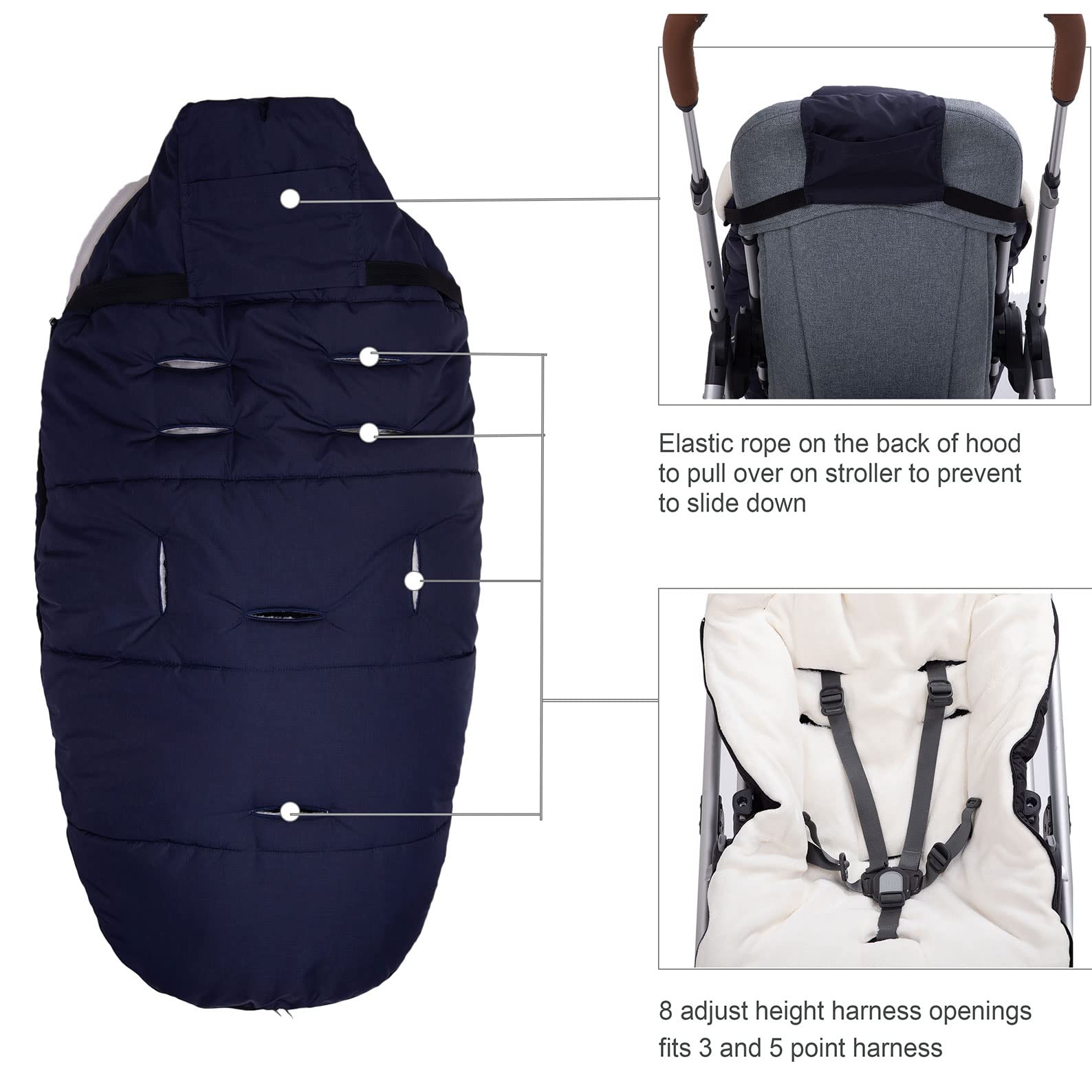 Saco universal para cochecito con cremalleras centrales laterales ajustables y botton, para cochecito con capucha suave, impermeable, cálido, para caminar al aire libre, bolsa de banderines