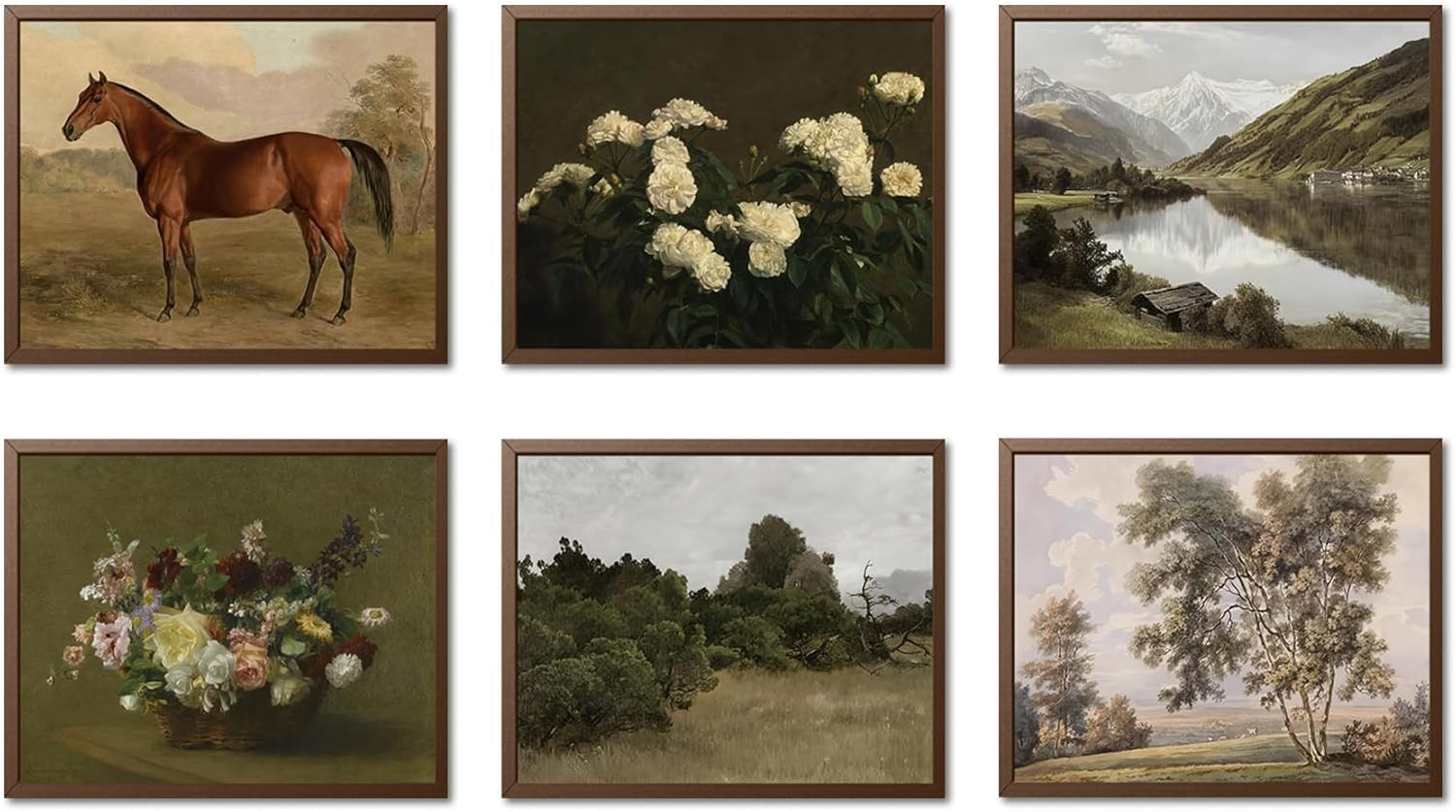 Mynotix Vintage Poster Set of 6, Rustic Eclectic Wall Art, Horse Floral Wall Decor Botanical Mountain Range Canvas Paintings Prints Artwork for Living Room Bedroom Farmhouse 12x16 inch Unframed