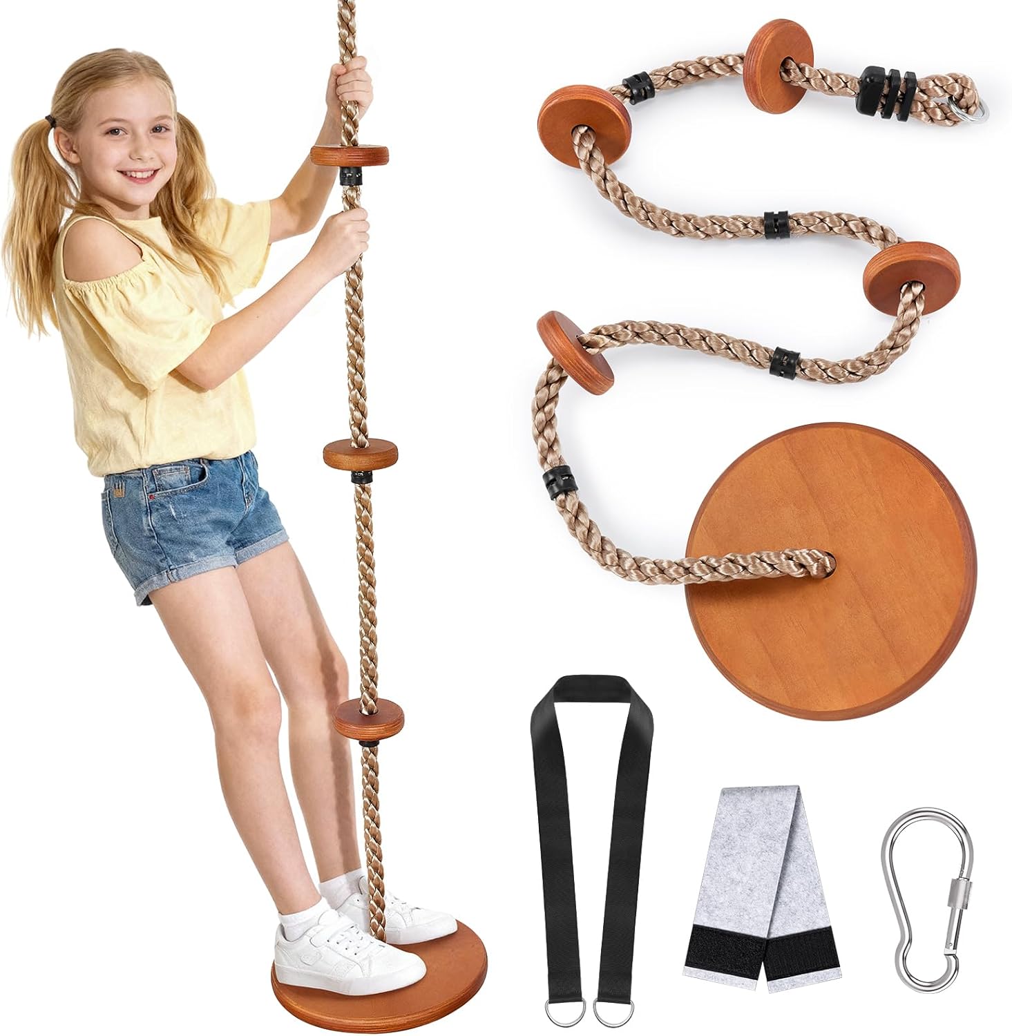 2-in-1 Wooden Disc Swing Set with Climbing Rope & 4 Platforms, 75IN Rope Kids Tree Swing with Straps&Carabiners for Outside Backyard, Playground,Tree House