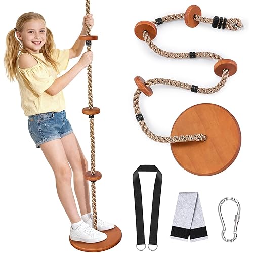 2-in-1 Wooden Disc Swing Set with Climbing Rope & 4 Platforms, 75IN Rope Kids Tree Swing with Straps&Carabiners for Outside Backyard, Playground,Tree House
