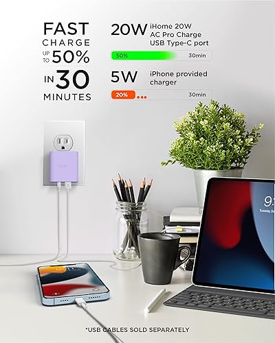 Miniatura 6 de iHome Cargador USB C Cargador USB multipuerto AC Pro de 20 W (1 puerto USB-C, 1 puerto USB-A), bloque de cargador USB C plano, adaptador de enchufe