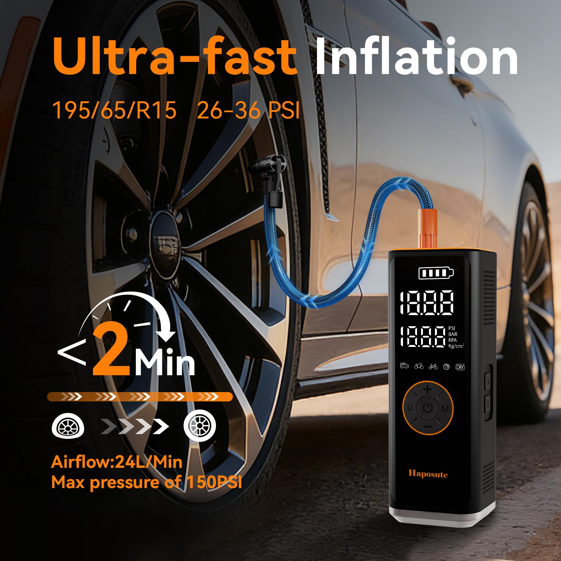 Tyre Inflator Portable Air Compressor 12V DC, 150PSI Corded/Cordless 6000mAh Long-Lasting Battery Electric Air Pump with Digital Display & Dual LED Light for Car, Motorcycle, Bike, Ball & DIY — view 2