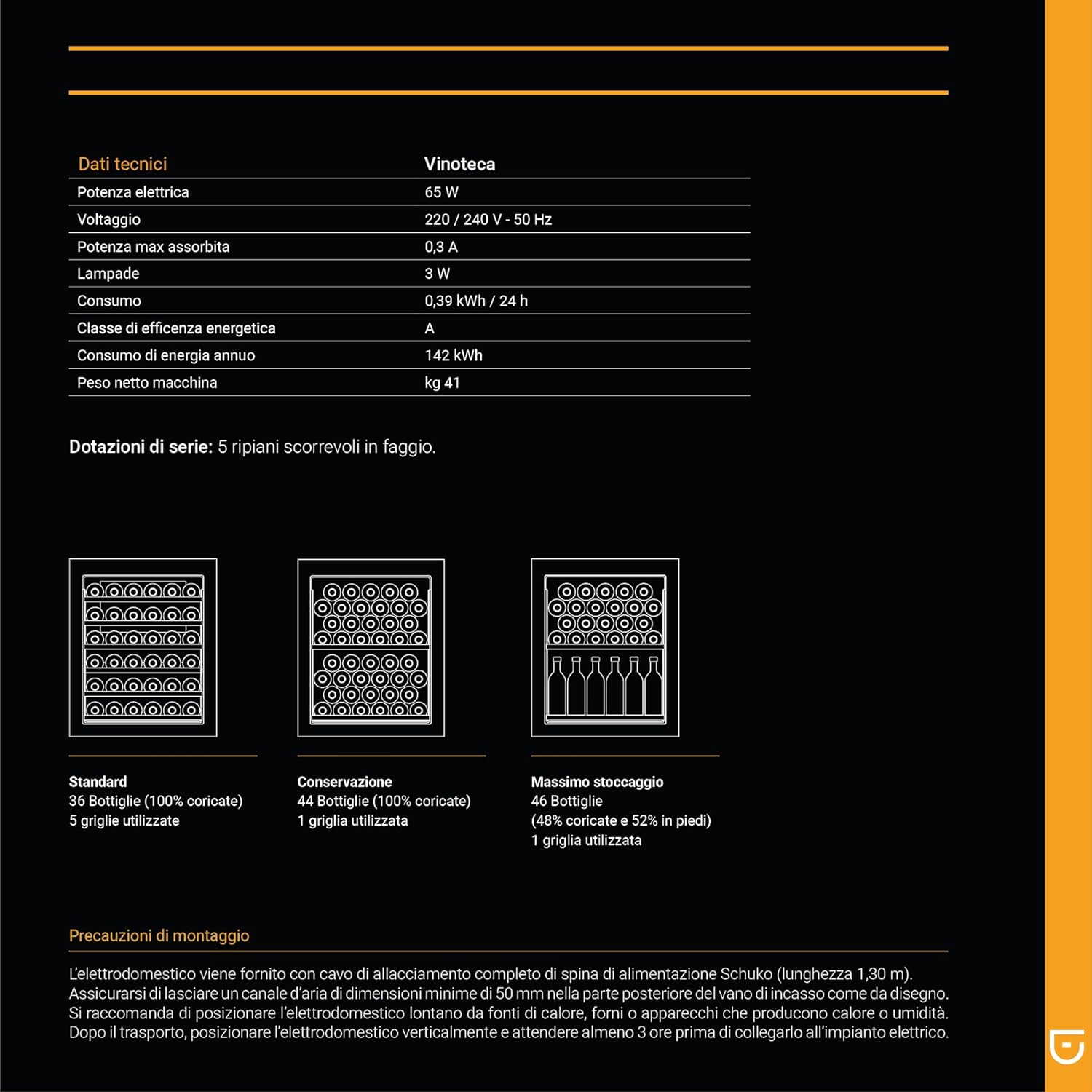 Technical data and bottle capacity configurations for Irinox Vinoteca